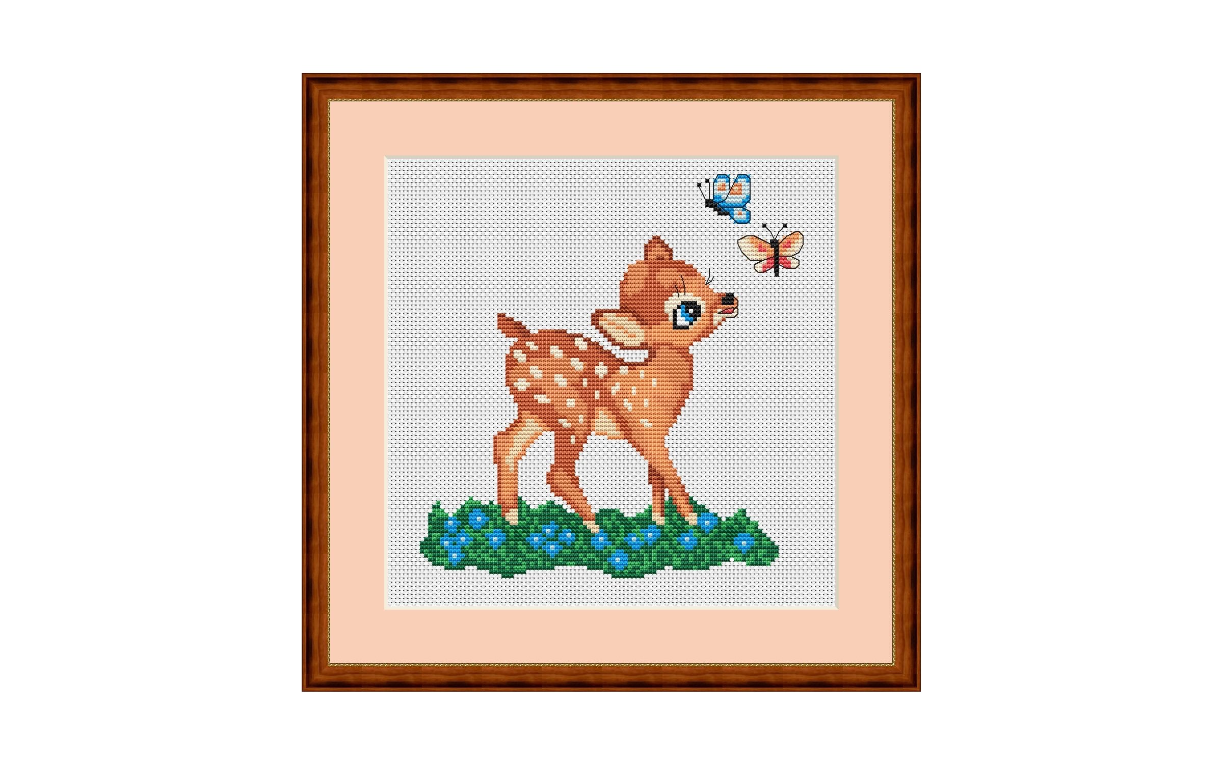 Little Deer and Butterflies Cross Stitch Pattern