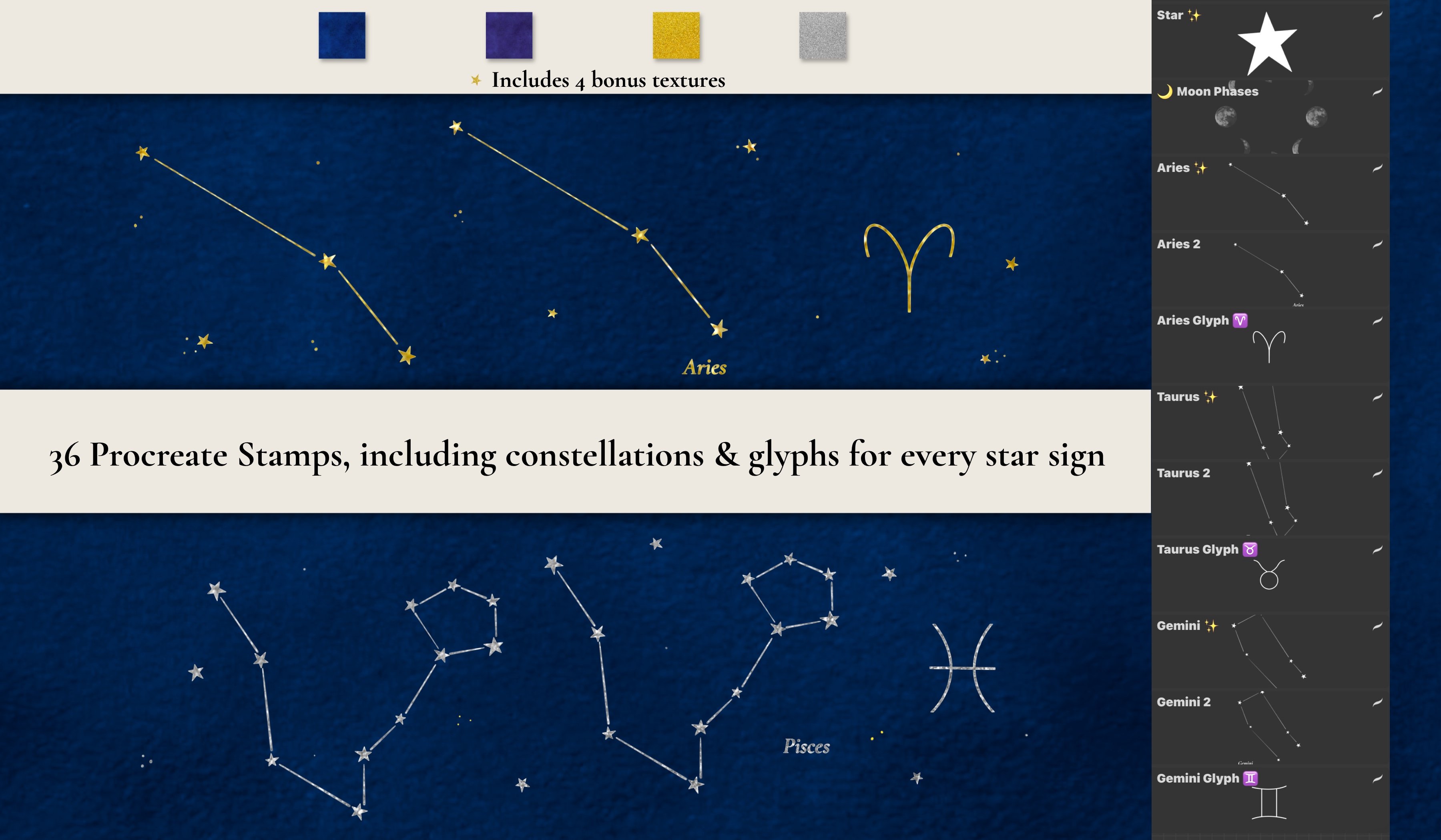 Celestial Zodiac: Constellation Procreate Stamps 