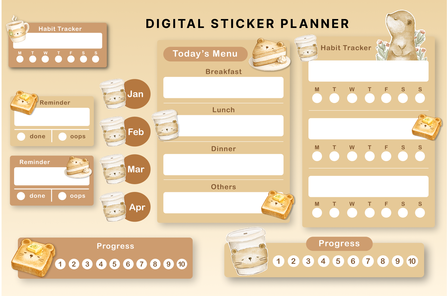 Cute Bear Coffee Planner Stickers | Kawaii Digital