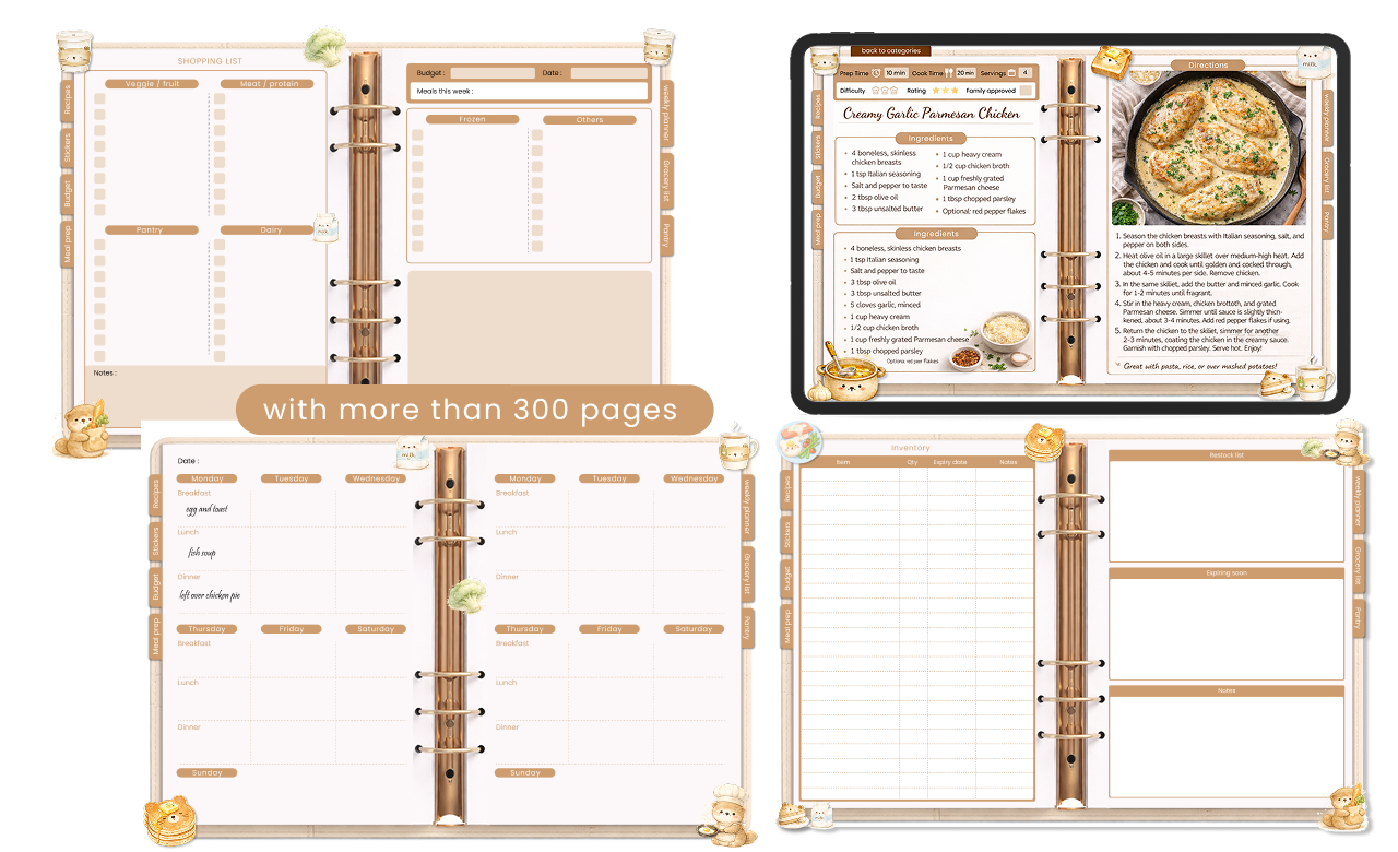 cute bear digital recipe planner