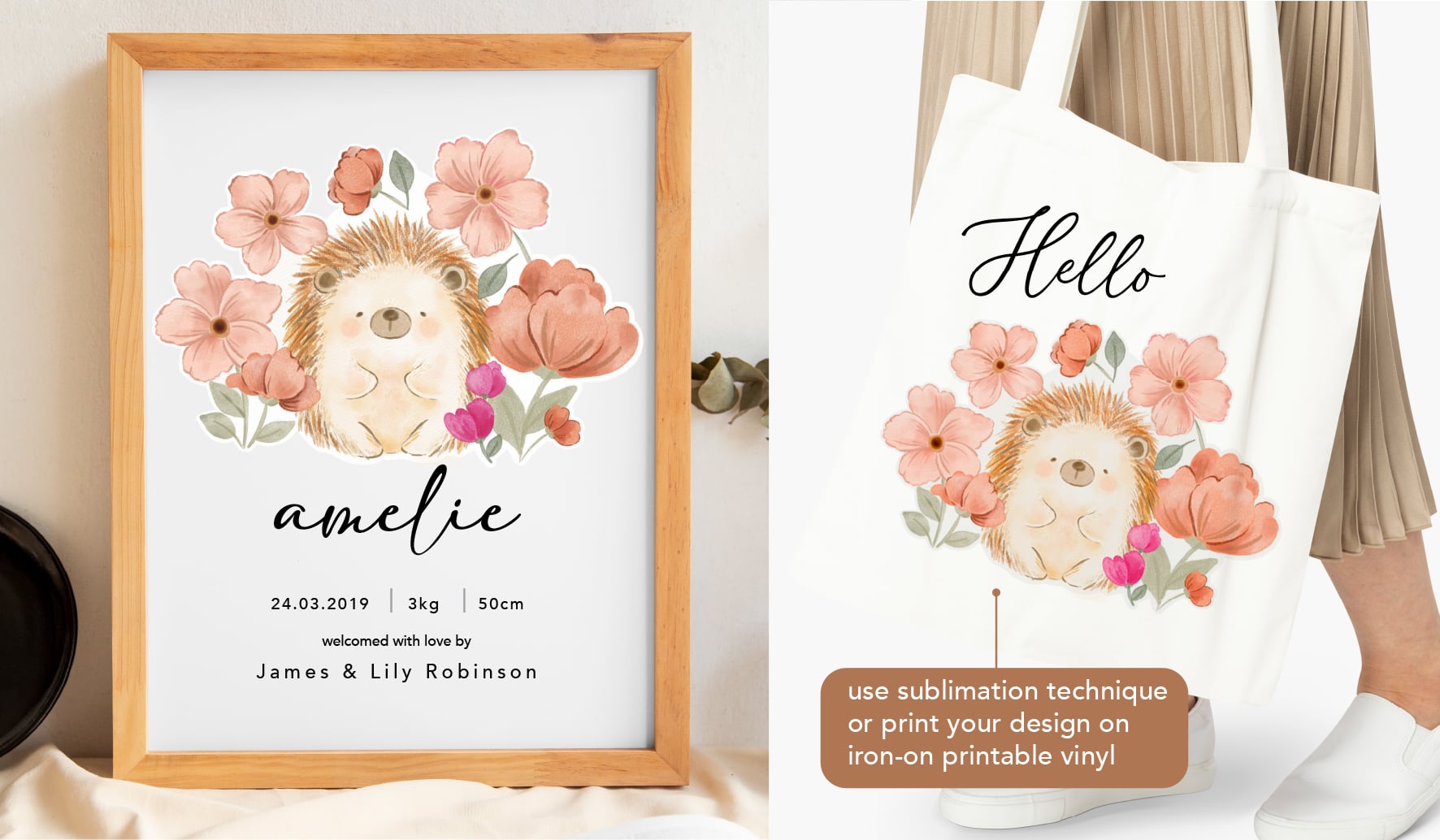 watercolour flower cute hedgehog