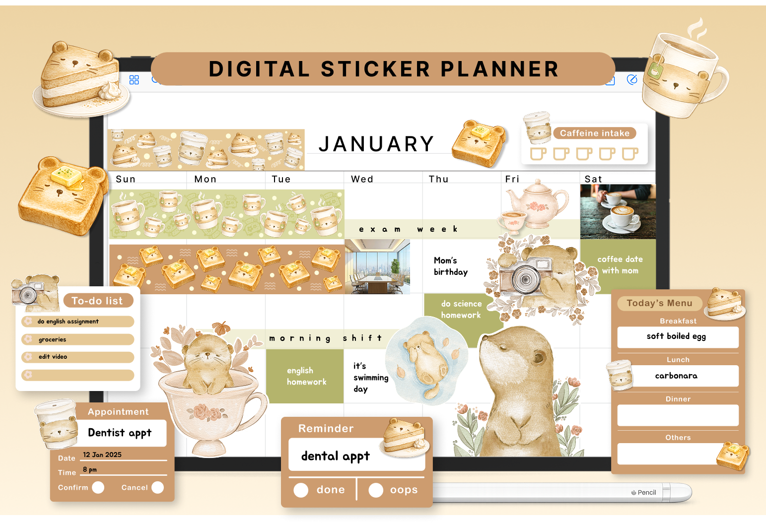 Cute Bear Coffee Planner Stickers | Kawaii Digital