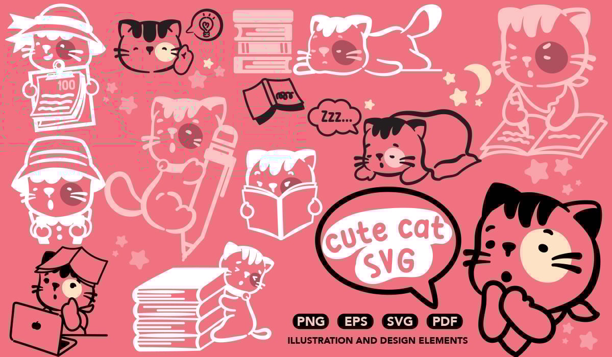 cat SVG vector illustration / cute cat studying illustration