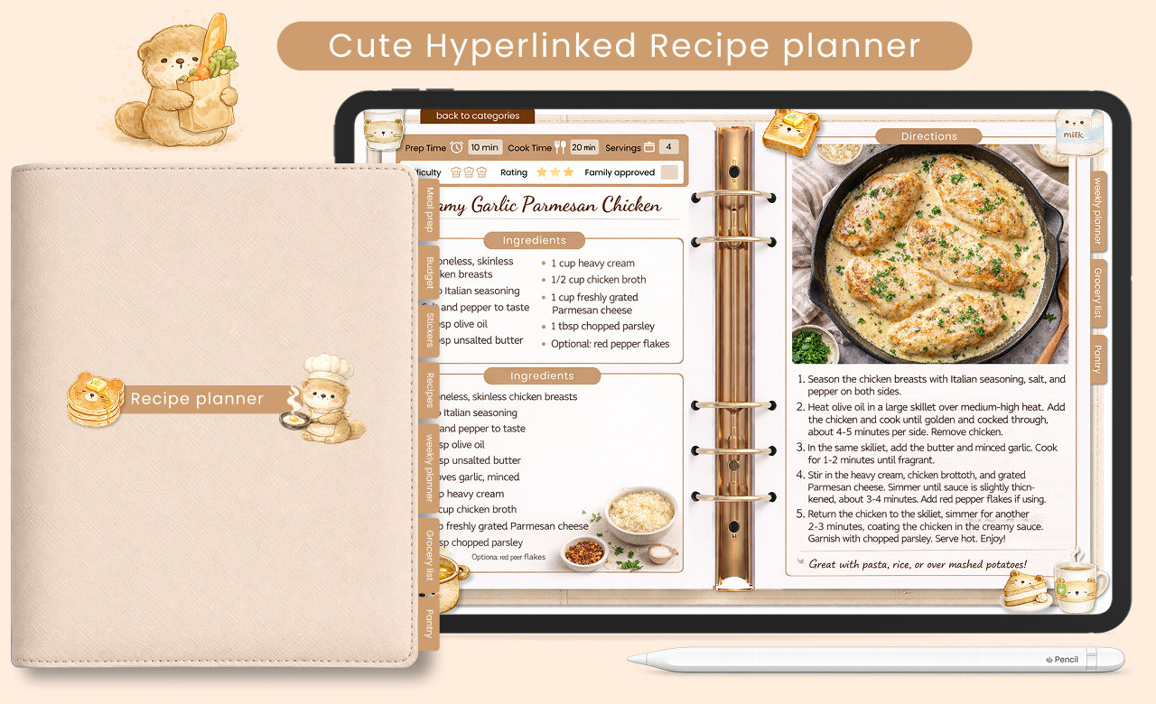 cute bear digital recipe planner