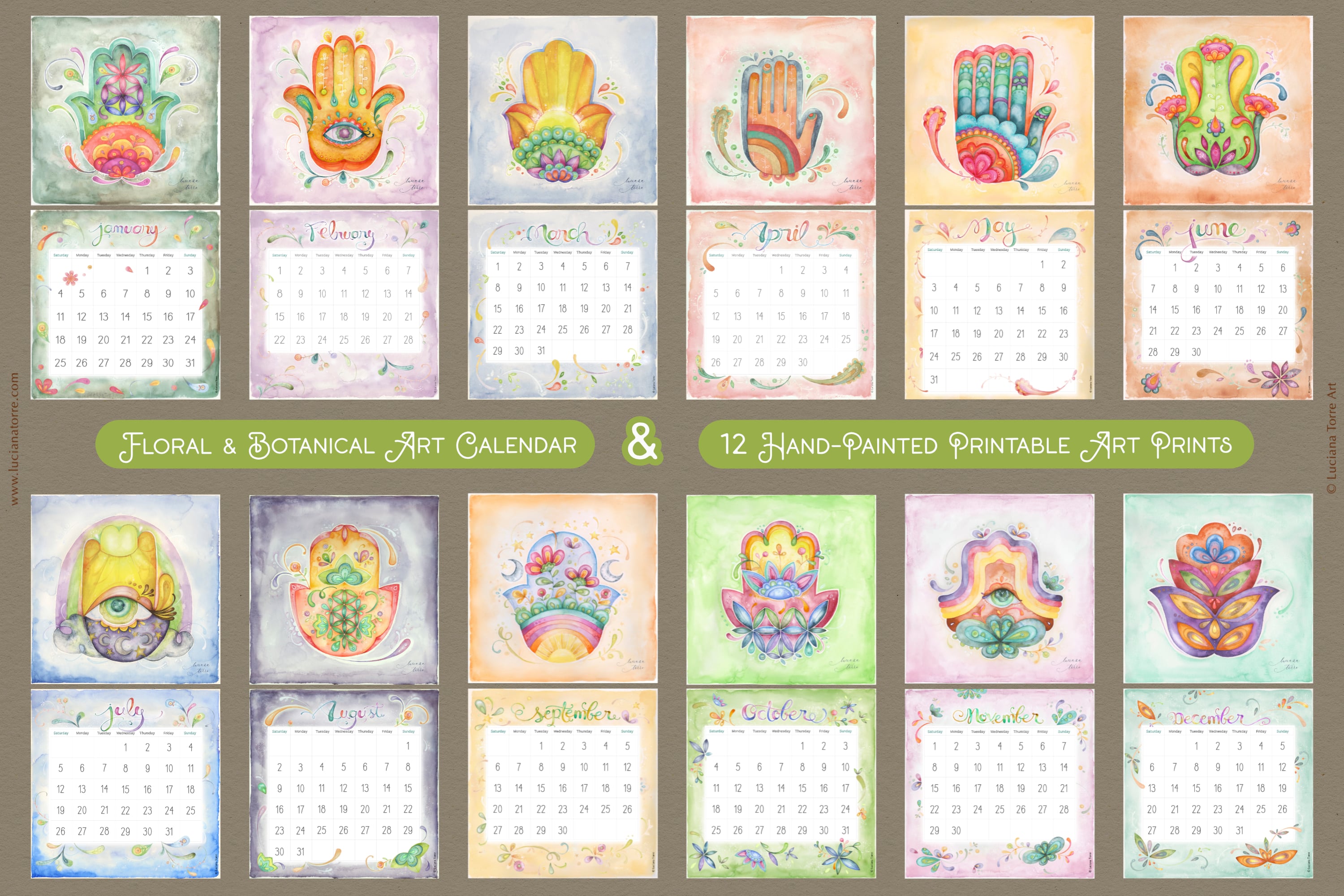 2026 Calendar Printable + 12 Botanical Art Prints