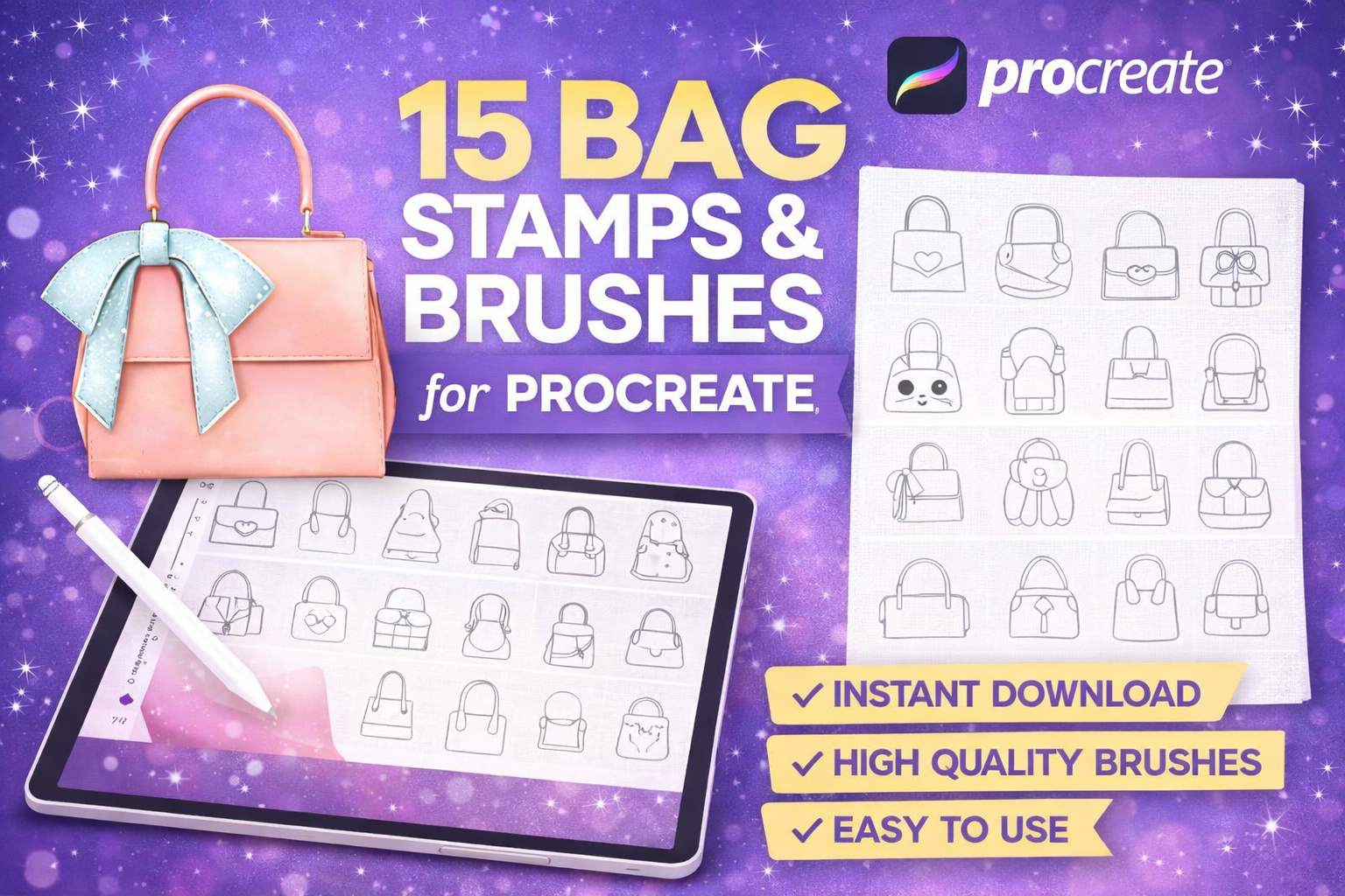 15 Procreate Bag Stamp Brushes Toolkit | Handbag