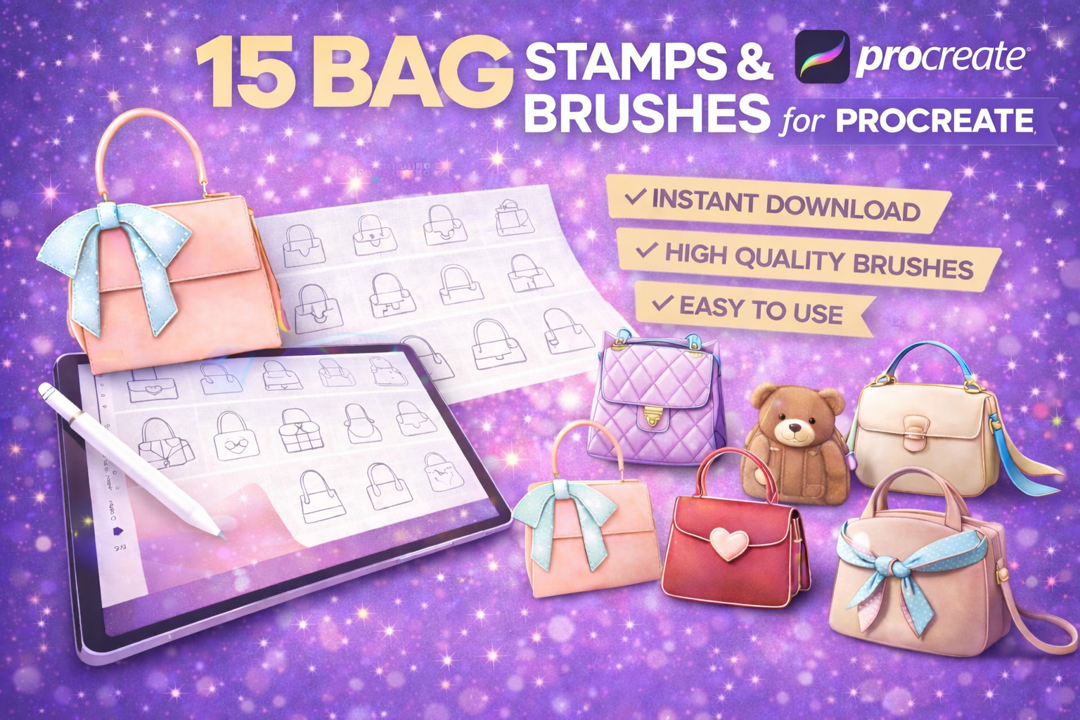 15 Procreate Bag Stamp Brushes Toolkit | Handbag