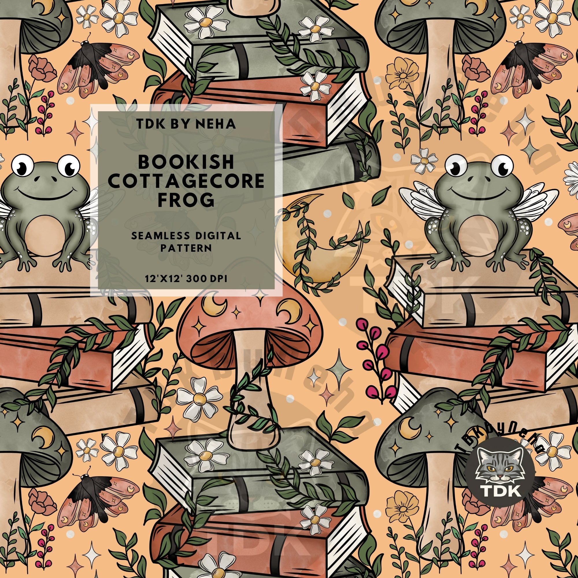 Boho Cottagecore Frog Bookish Seamless Pattern