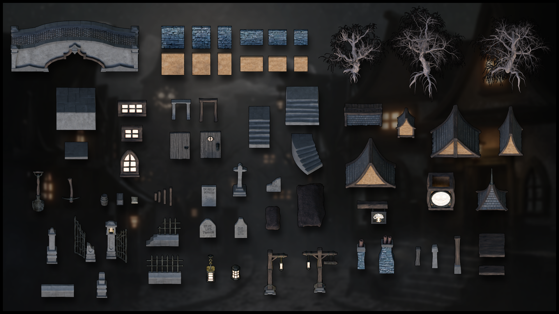 3DT Haunted Village Modular Kitbash Pack for Blend