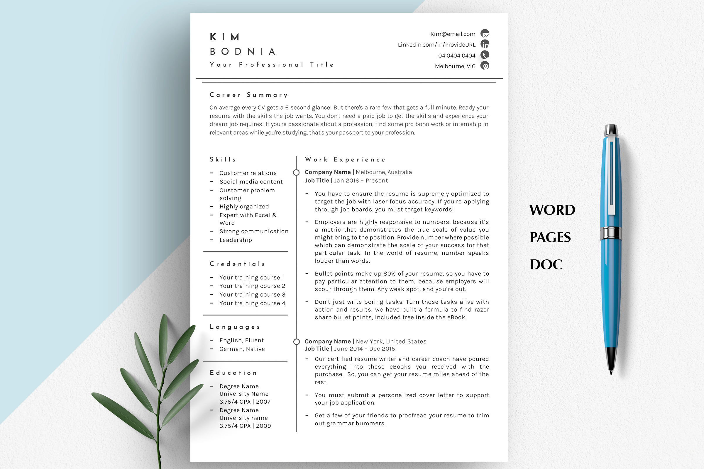 ATS Friendly Resume Template with Cover Letter Ref
