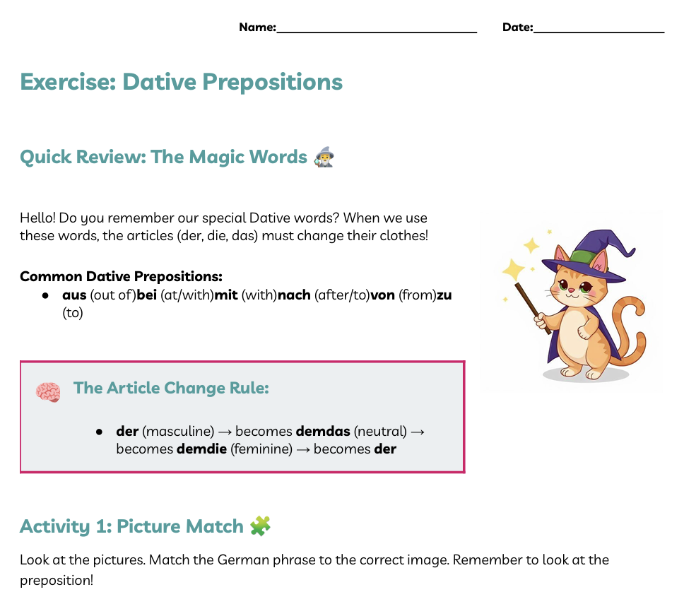 German Dative Prepositions – Intro Worksheet Kids