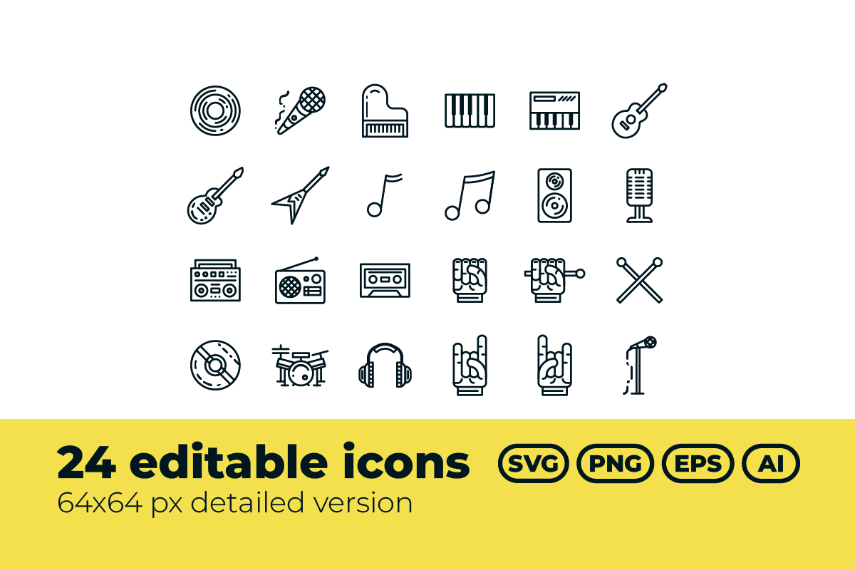 24 Rock music vector editable icons set
