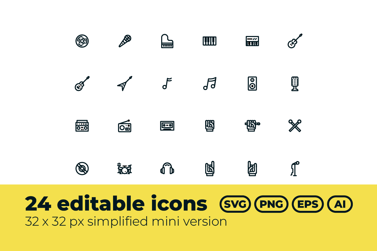 24 Rock music vector editable icons set