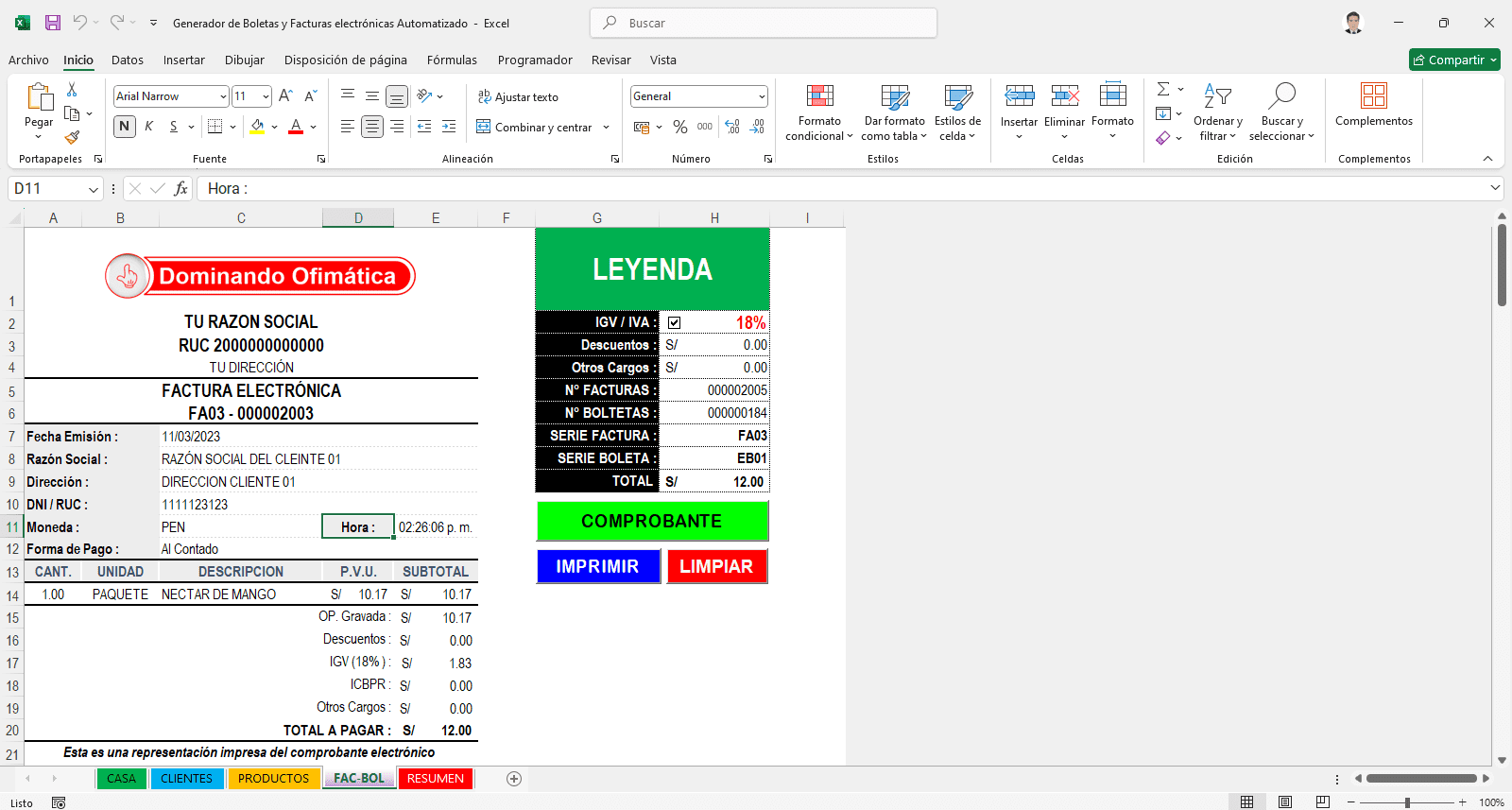 Sistema de Boletas y Facturas en Excel
