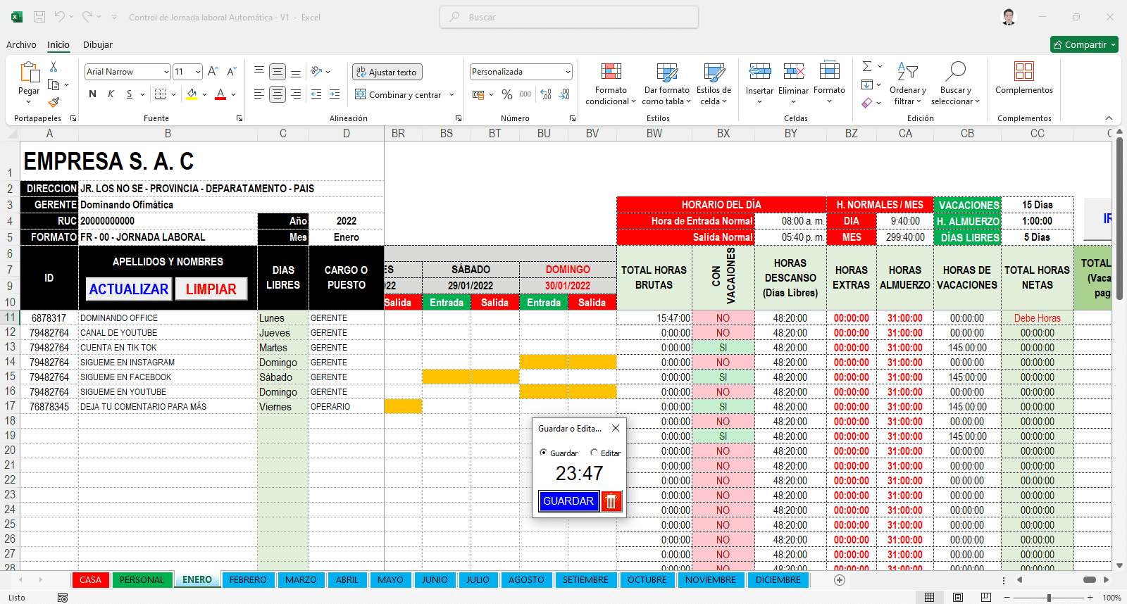 Control de Jornada laboral Automático – V1