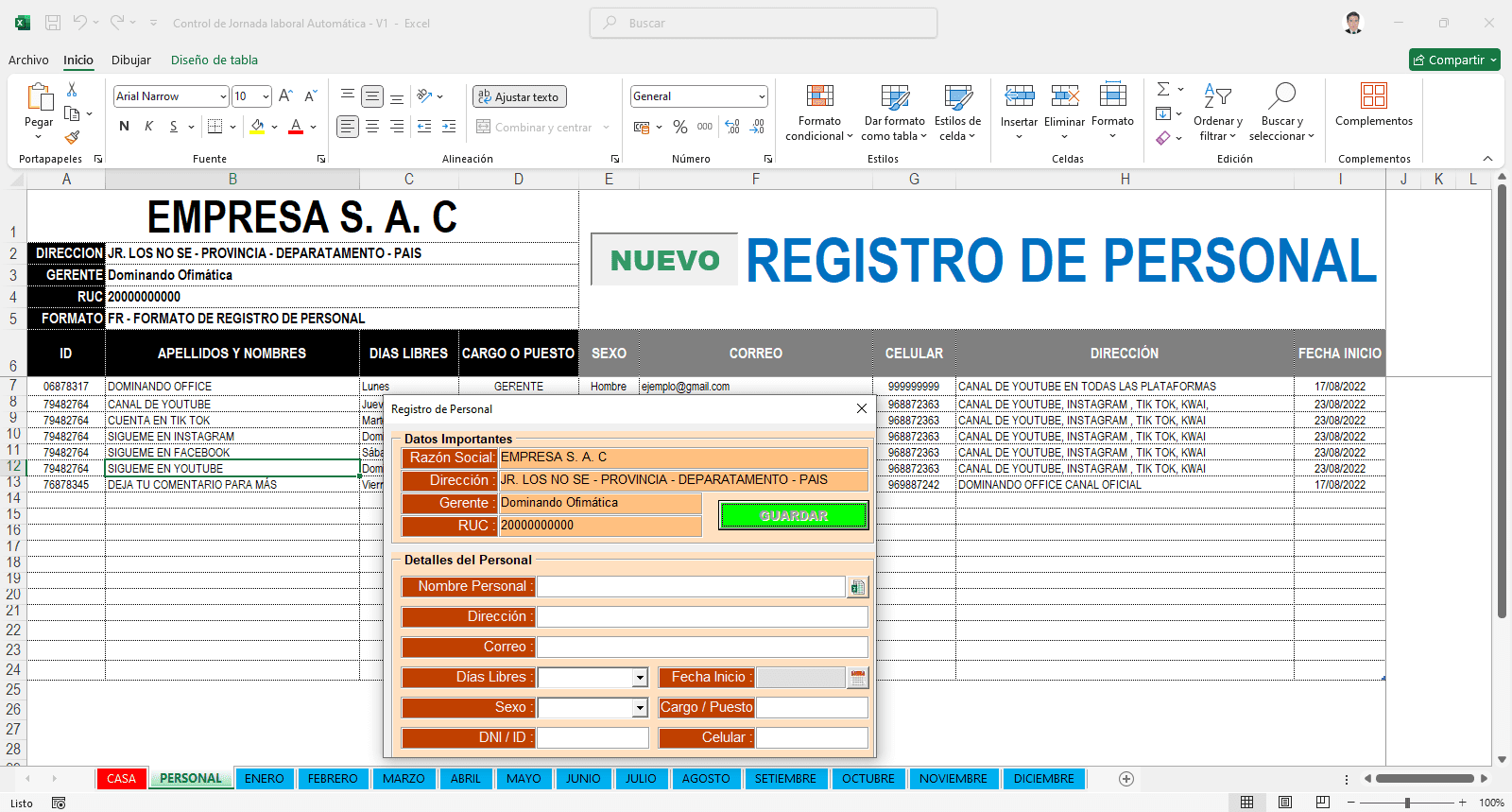 Control de Jornada laboral Automático – V1