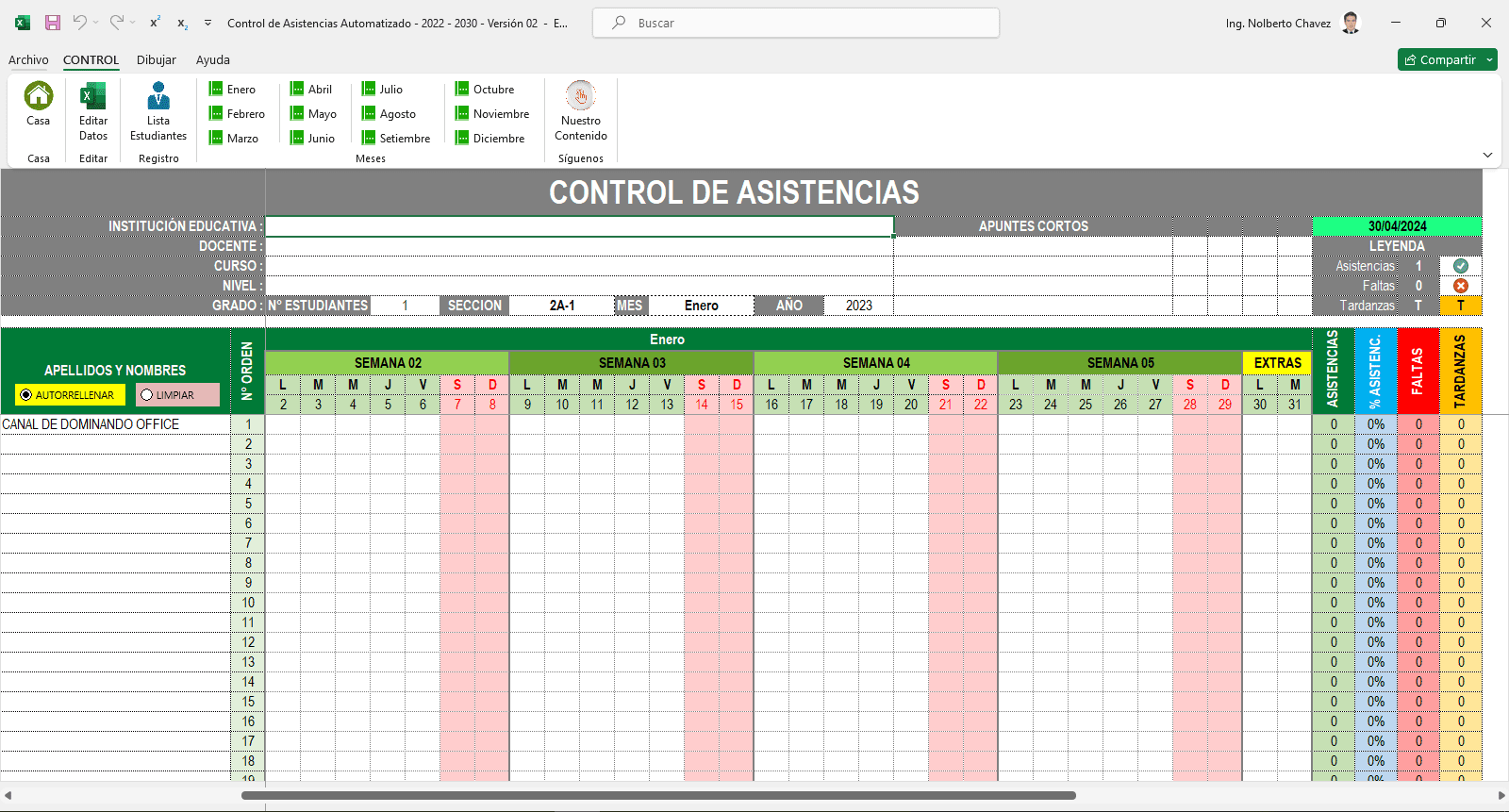 Plantilla Excel Control de Asistencia Escolar