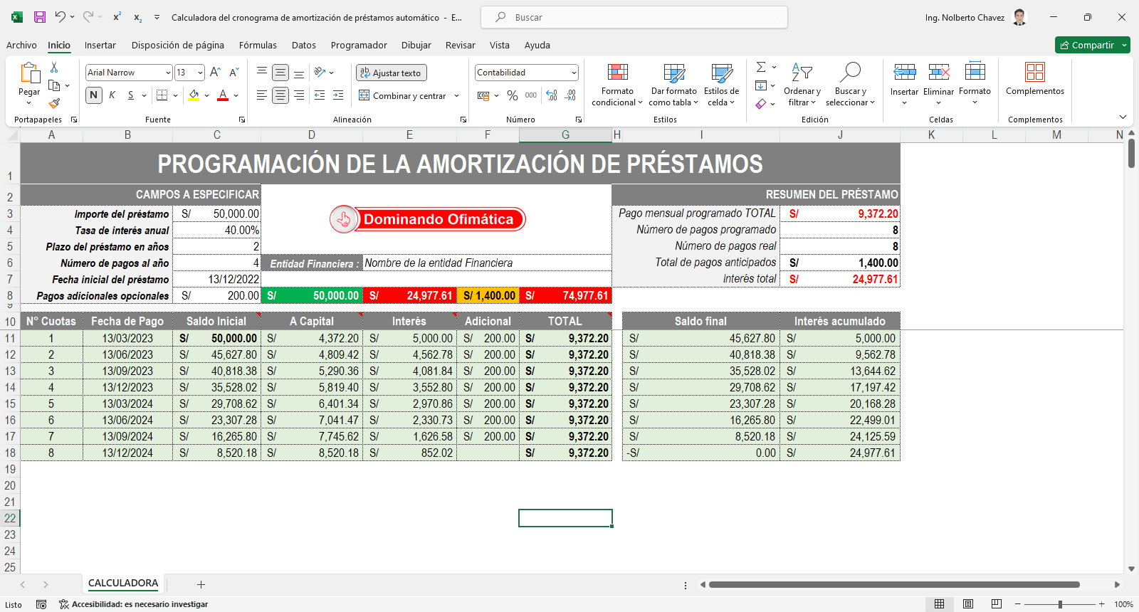 Calculadora de Préstamos y Cuotas en Excel