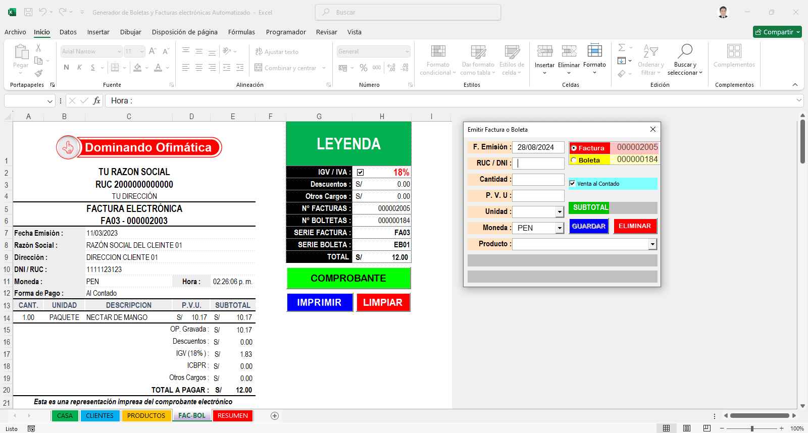 Sistema de Boletas y Facturas en Excel