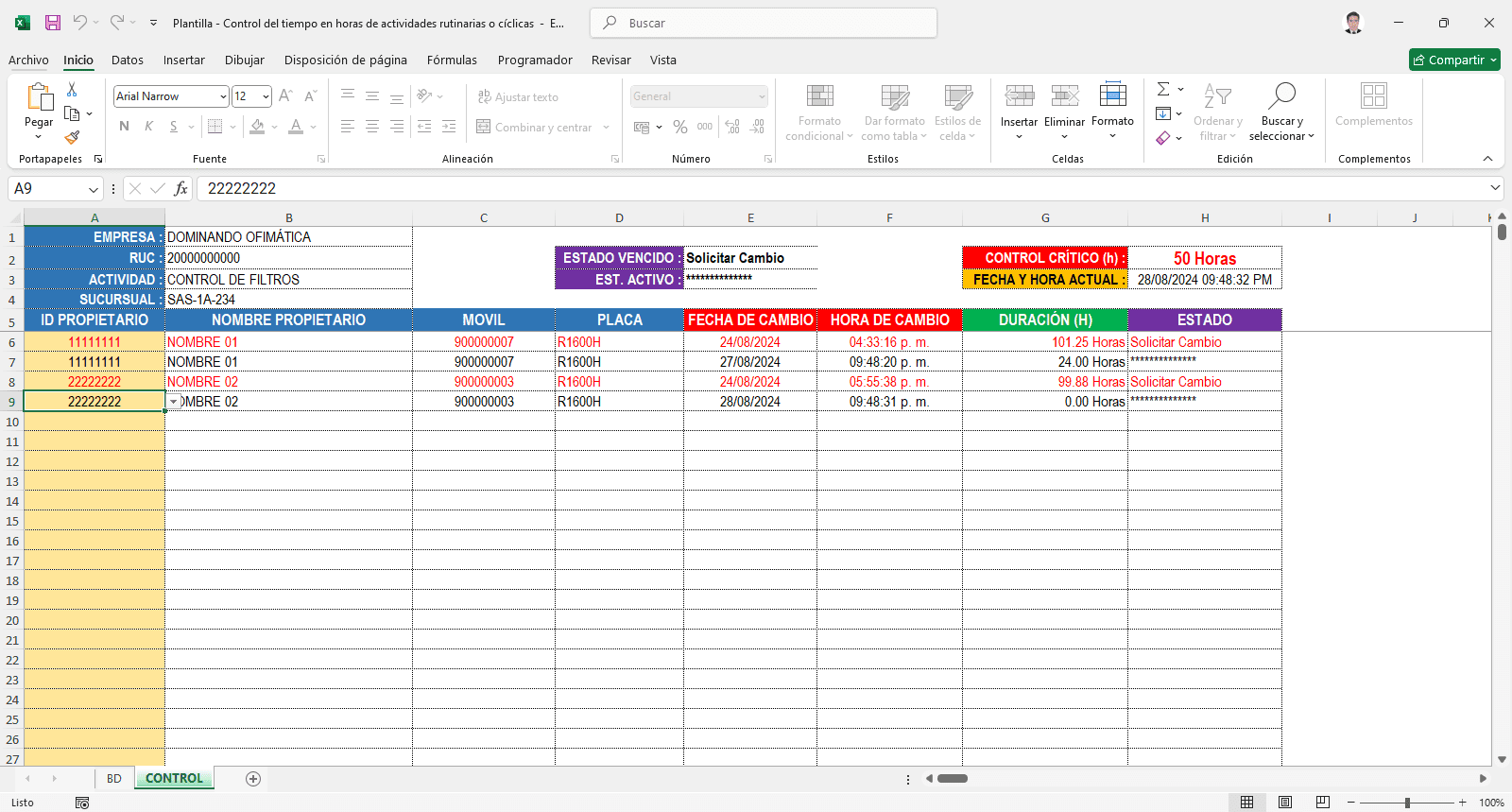 Plantilla Excel Control de Tiempos con Alertas
