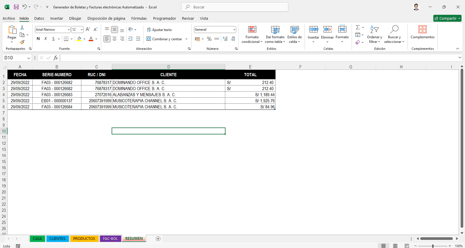 Sistema de Boletas y Facturas en Excel