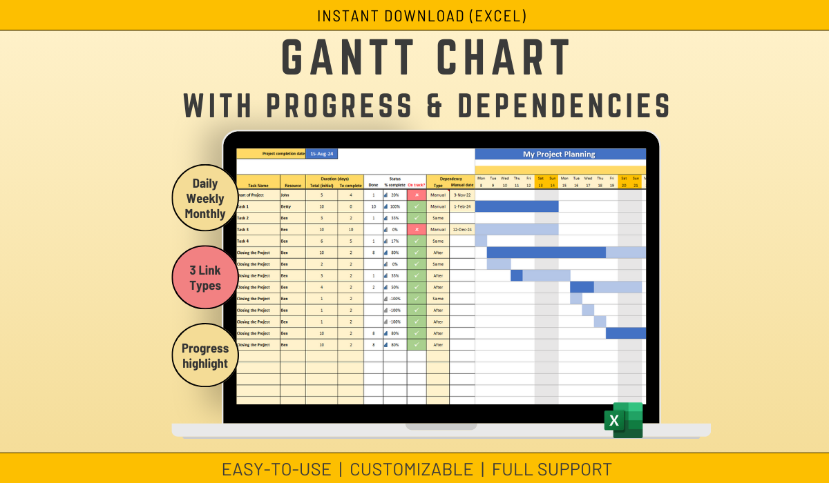EXCEL Gantt Chart Project Management Task Tracking | Track work