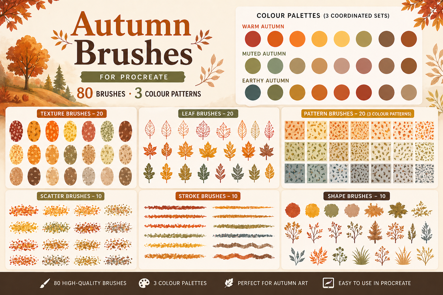 80 Autumn Procreate Brush Pack with (3 patterns)