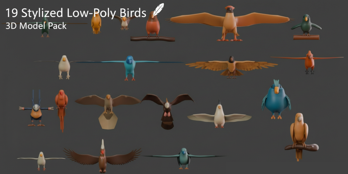 19 Stylized Bird Models Pack LowPoly Parrot Bundle