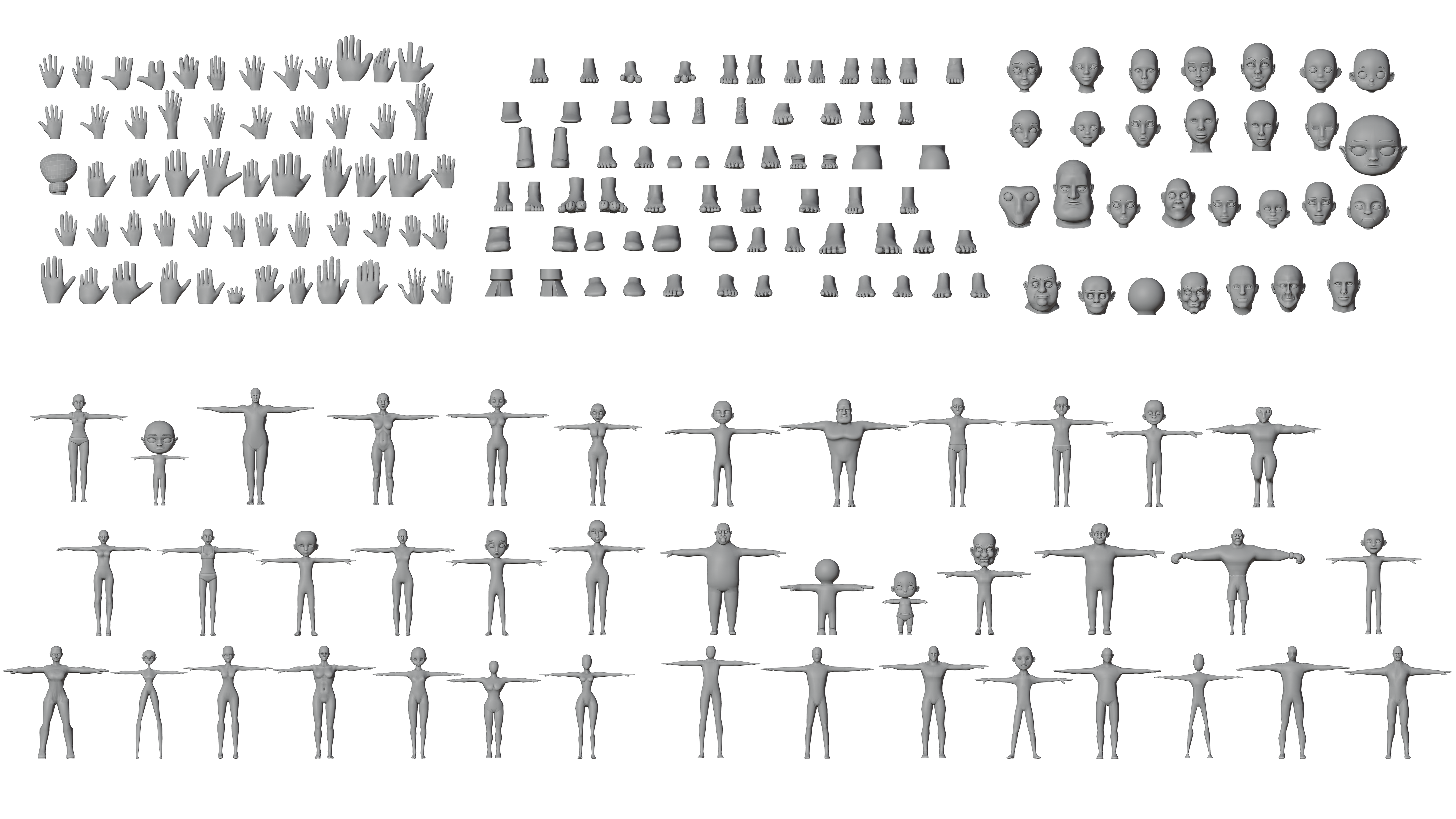 150+ Base Mesh Library Hands, Feet & Full Body