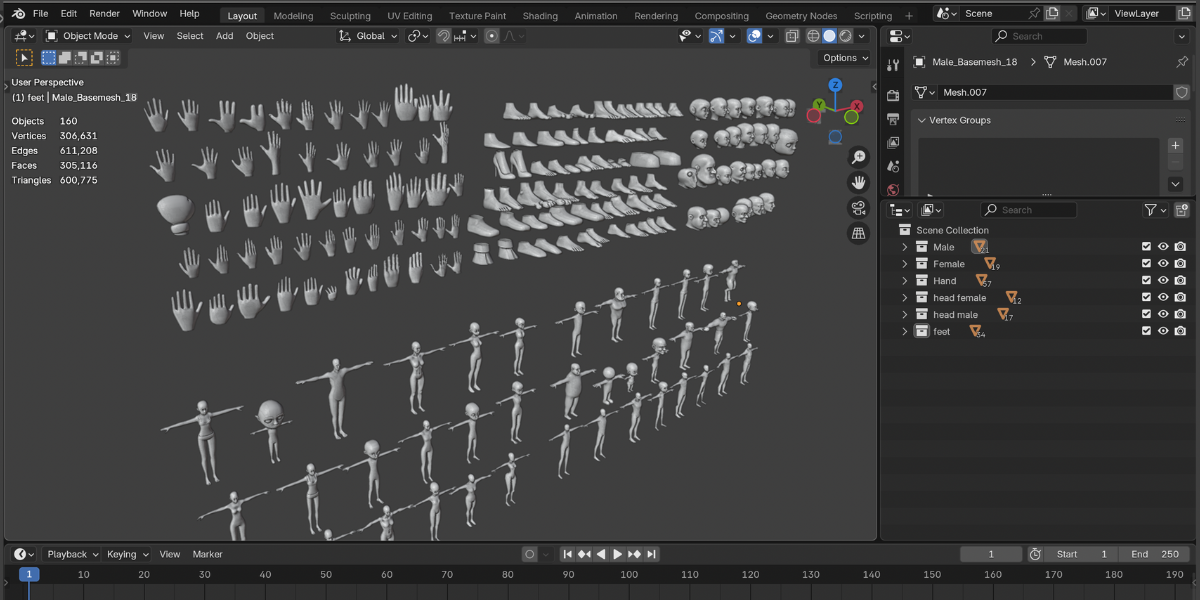 150+ Base Mesh Library Hands, Feet & Full Body