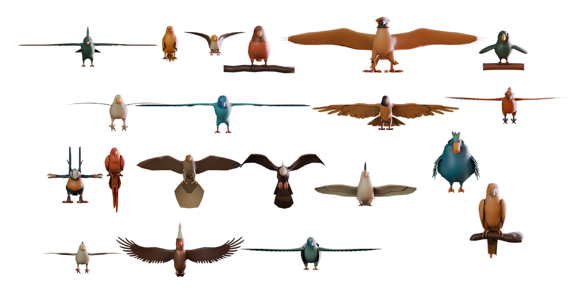 19 Stylized Bird Models Pack LowPoly Parrot Bundle