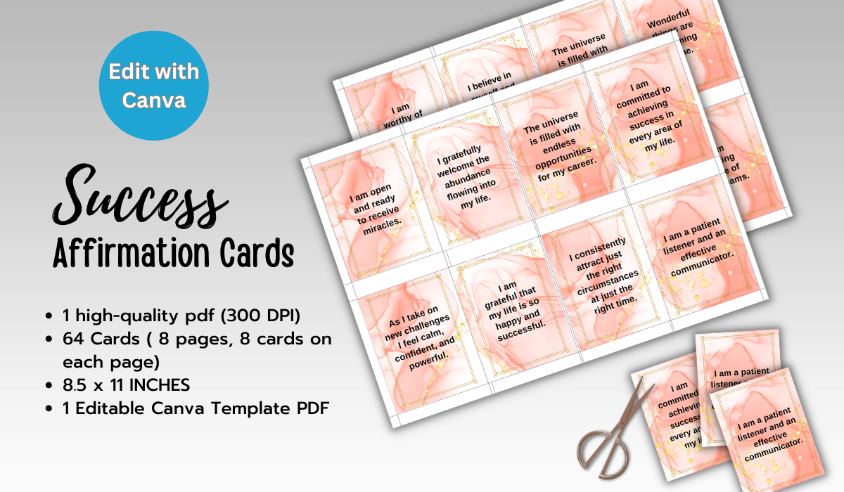64 Success Affirmation Cards - Editable Canva Template 