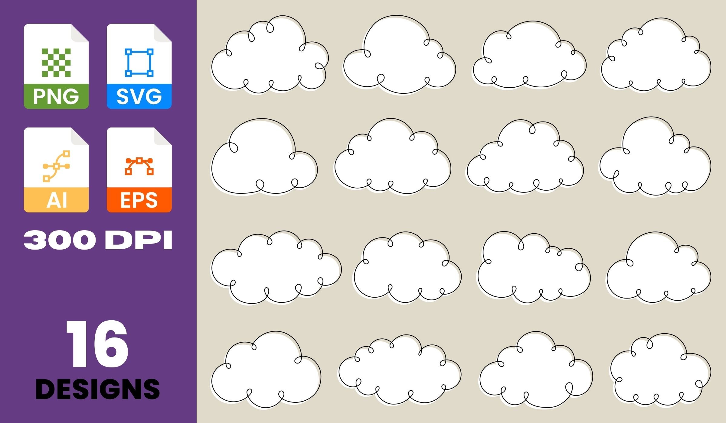 Cute Hand Drawn White Clouds Vector Set