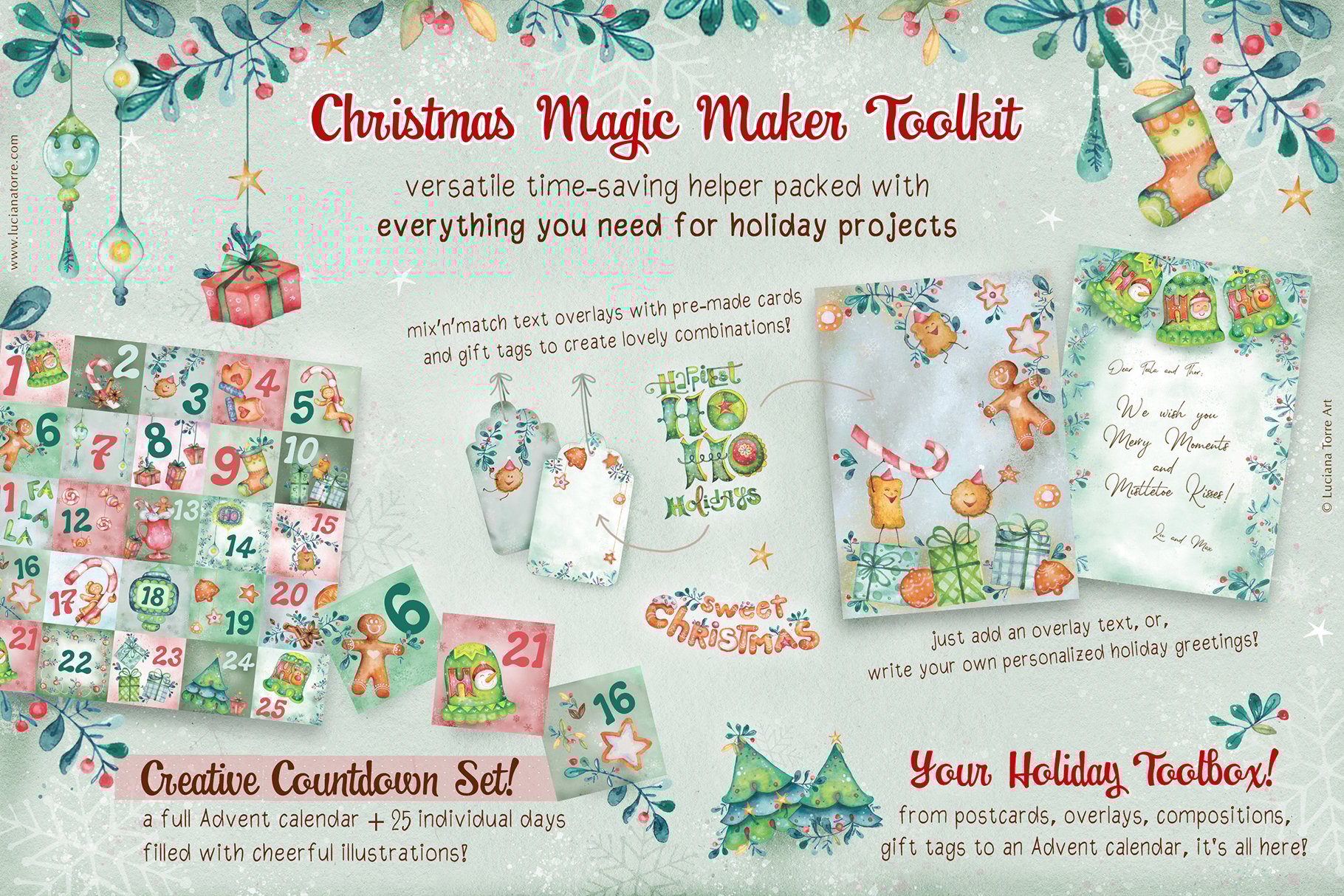 Christmas Holidays Clip Art set + Advent Calendar Printables DIY