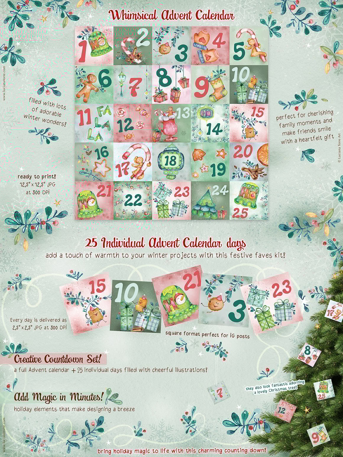 Christmas Holidays Clip Art set + Advent Calendar Printables DIY
