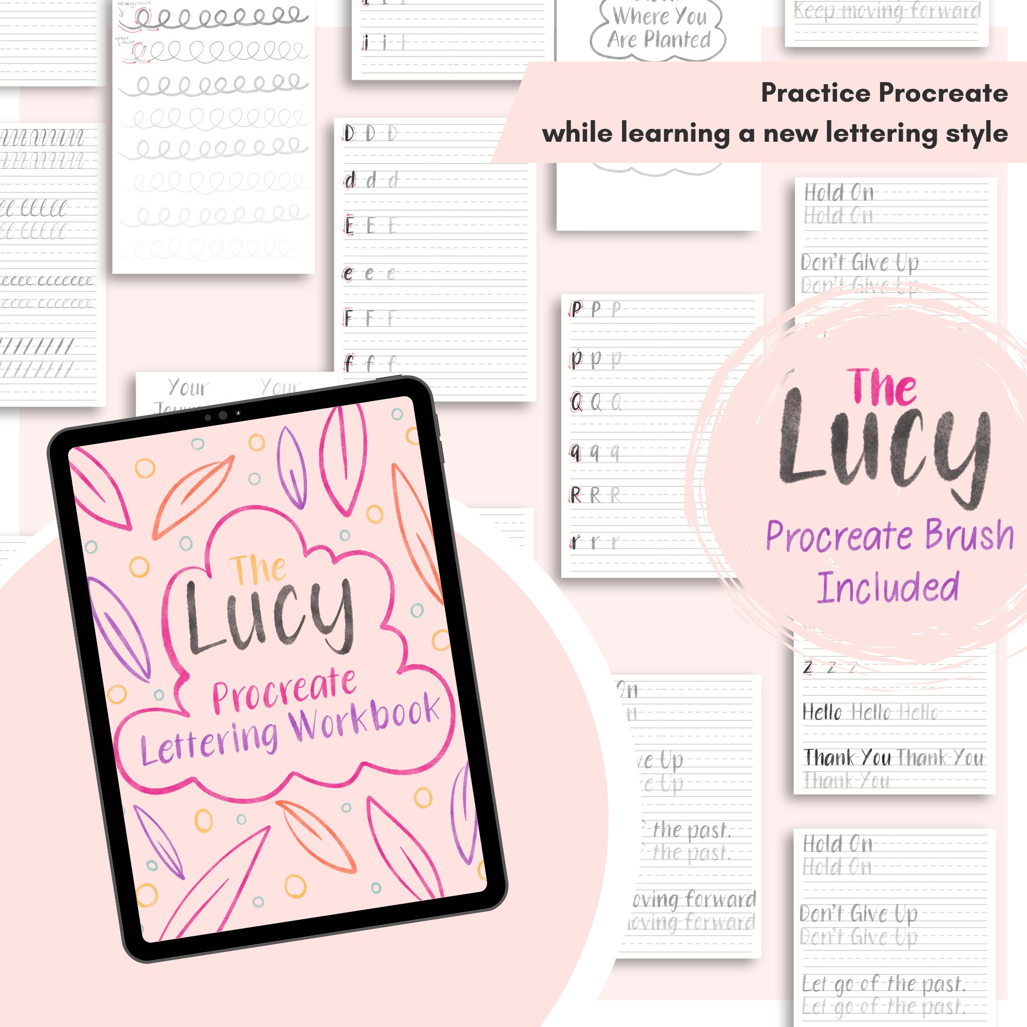 The Lucy Procreate Lettering Workbook with procreate brush