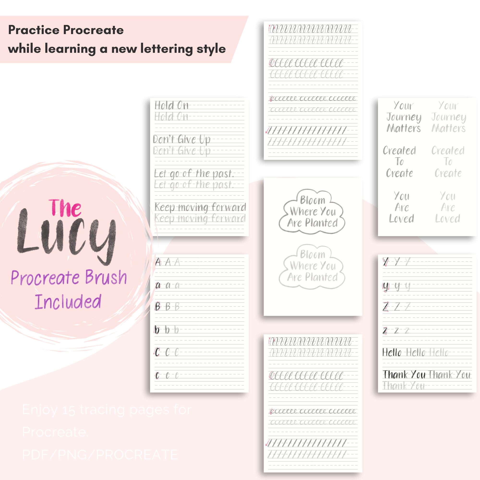The Lucy Procreate Lettering Workbook with procreate brush