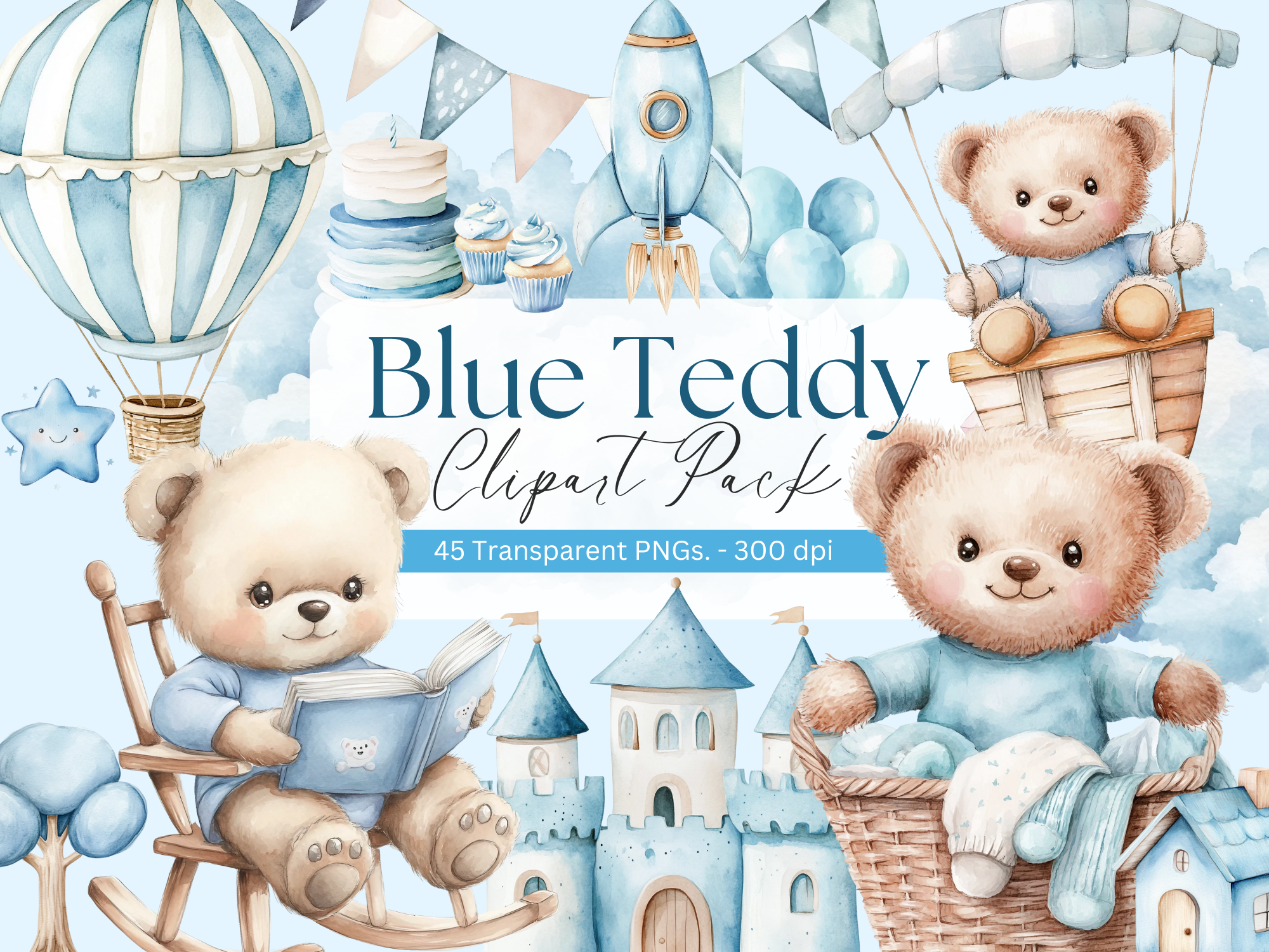 Blue Teddy Bear Watercolor Clipart Pack!