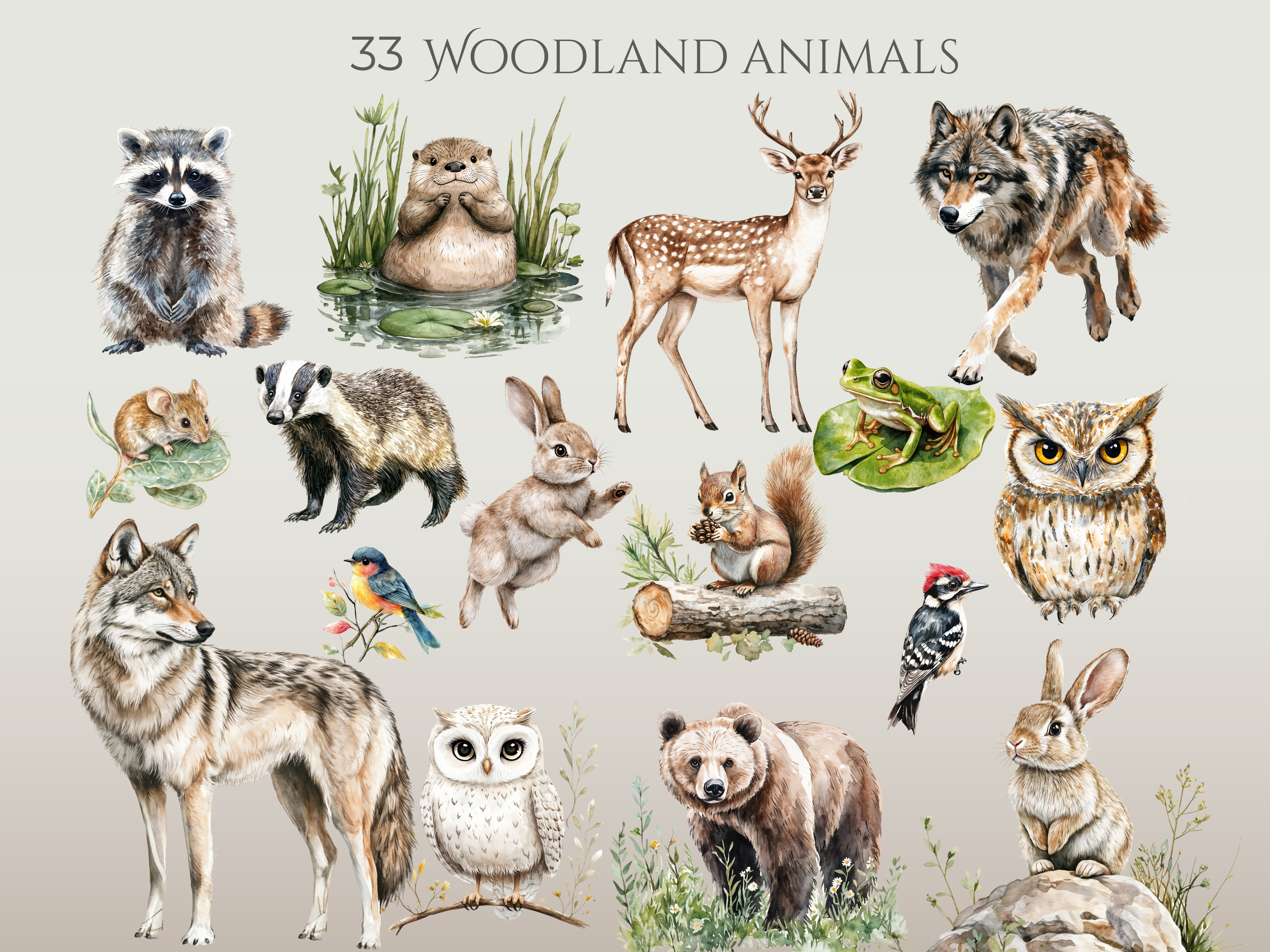 Watercolor Woodland Animals Clipart Pack