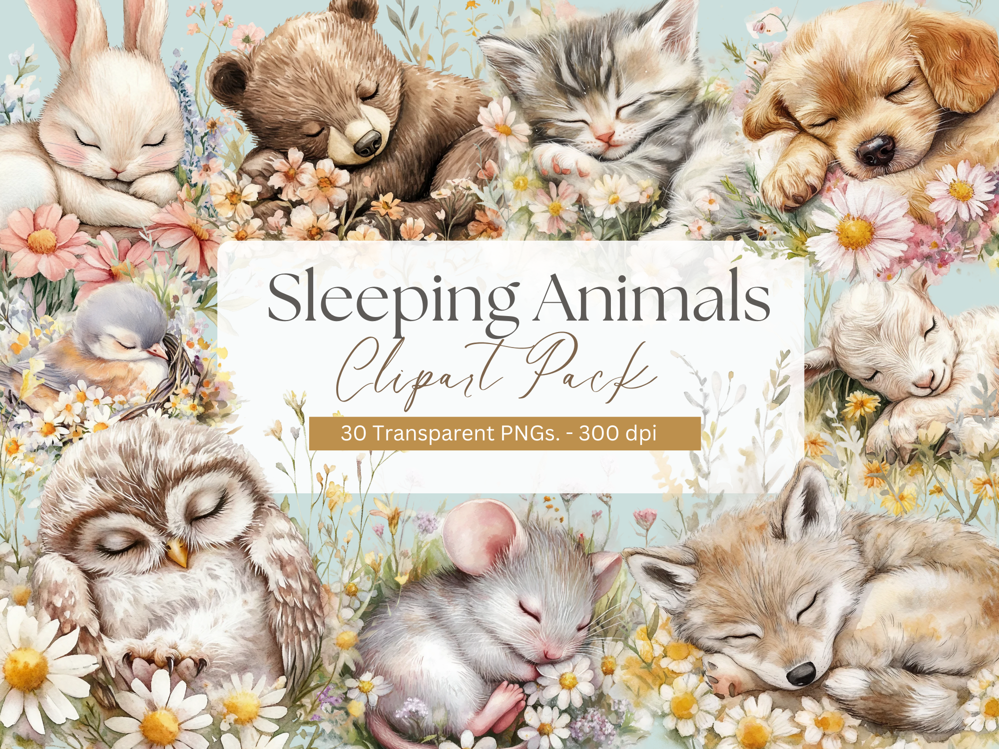 Sleeping Animals Watercolor Clipart Pack!