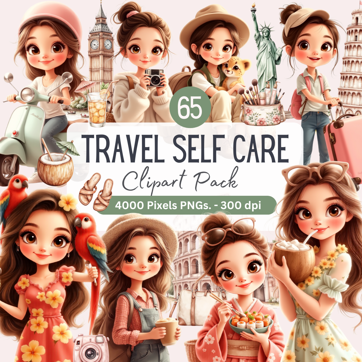 65 Travel Self-Care Clipart, Watercolor Cozy Girls, World Destin