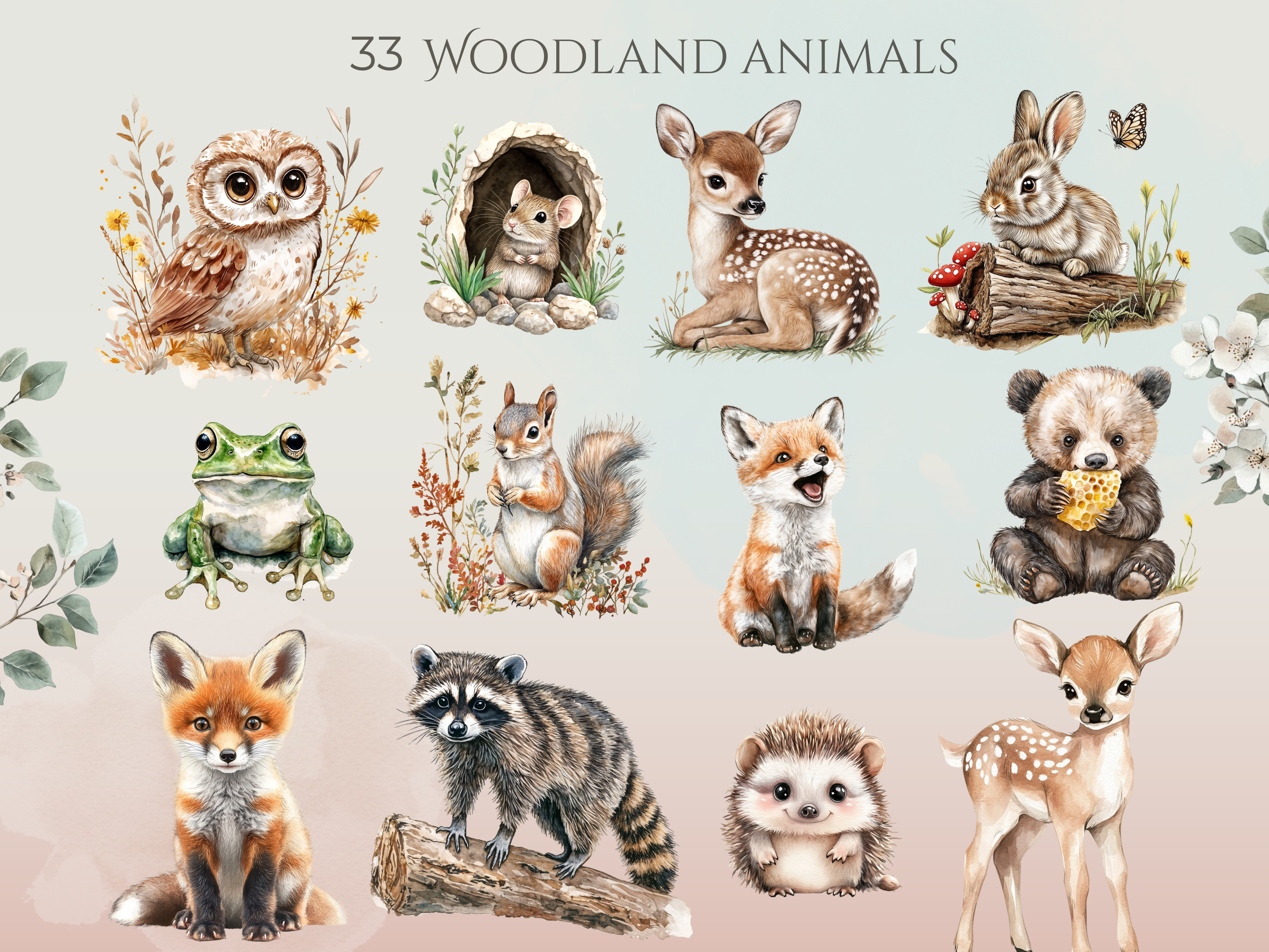 Watercolor Woodland Animals Clipart Pack