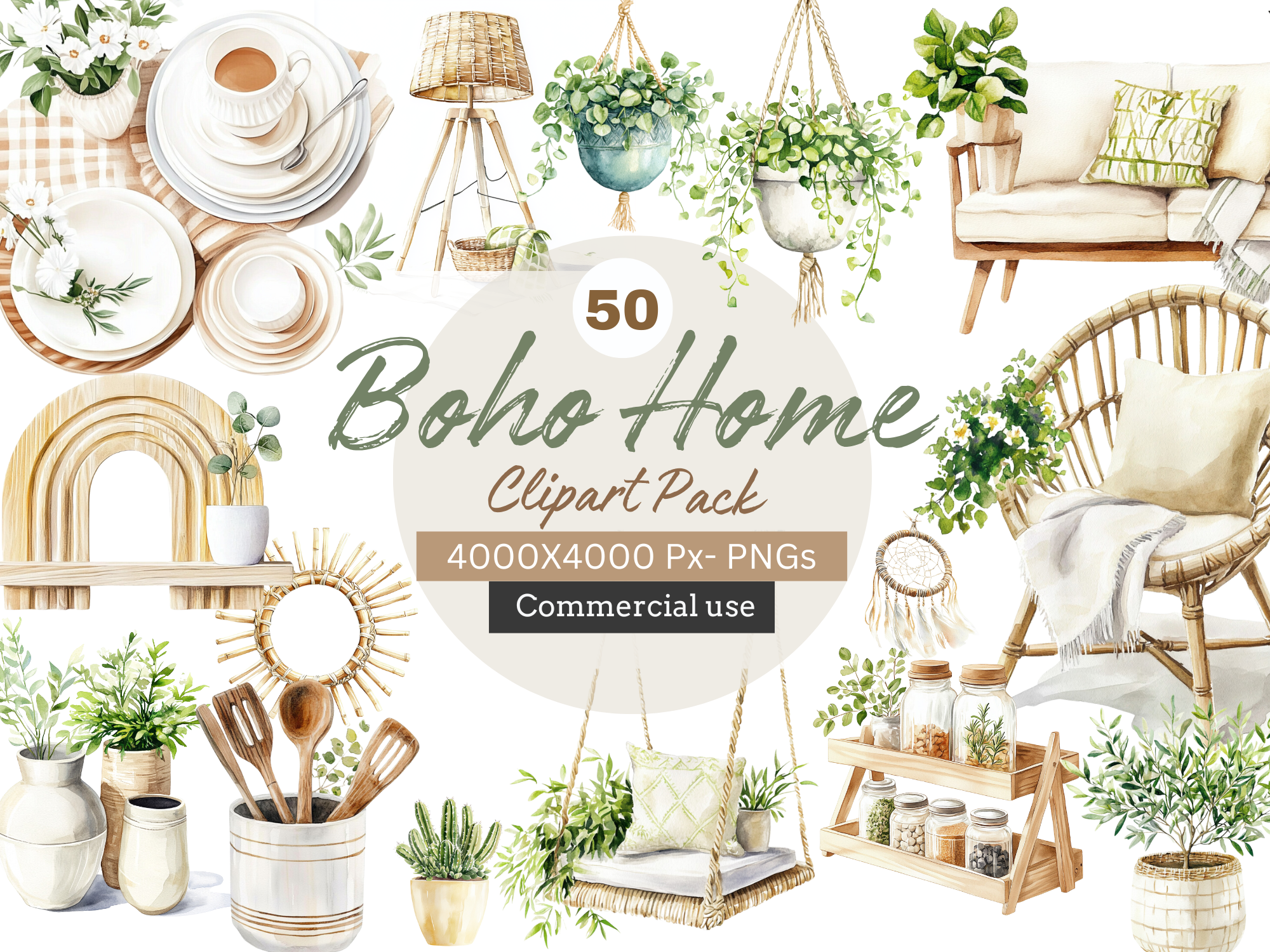 Boho Home Decor Clipart Pack -50 items 4000X4000 Px - 300 DPI