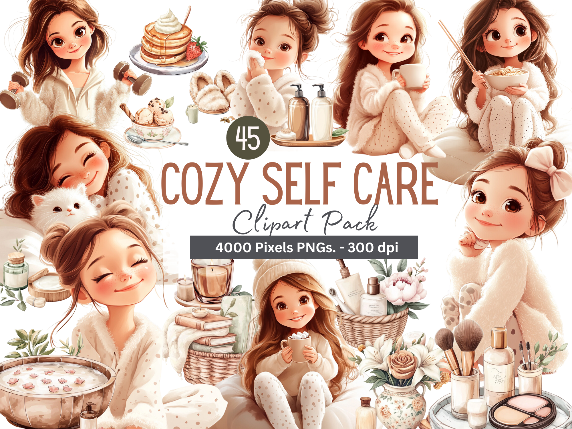 45 Watercolor Spa Cozy Self Care Clipart, 4000 Px ,300dpi Png