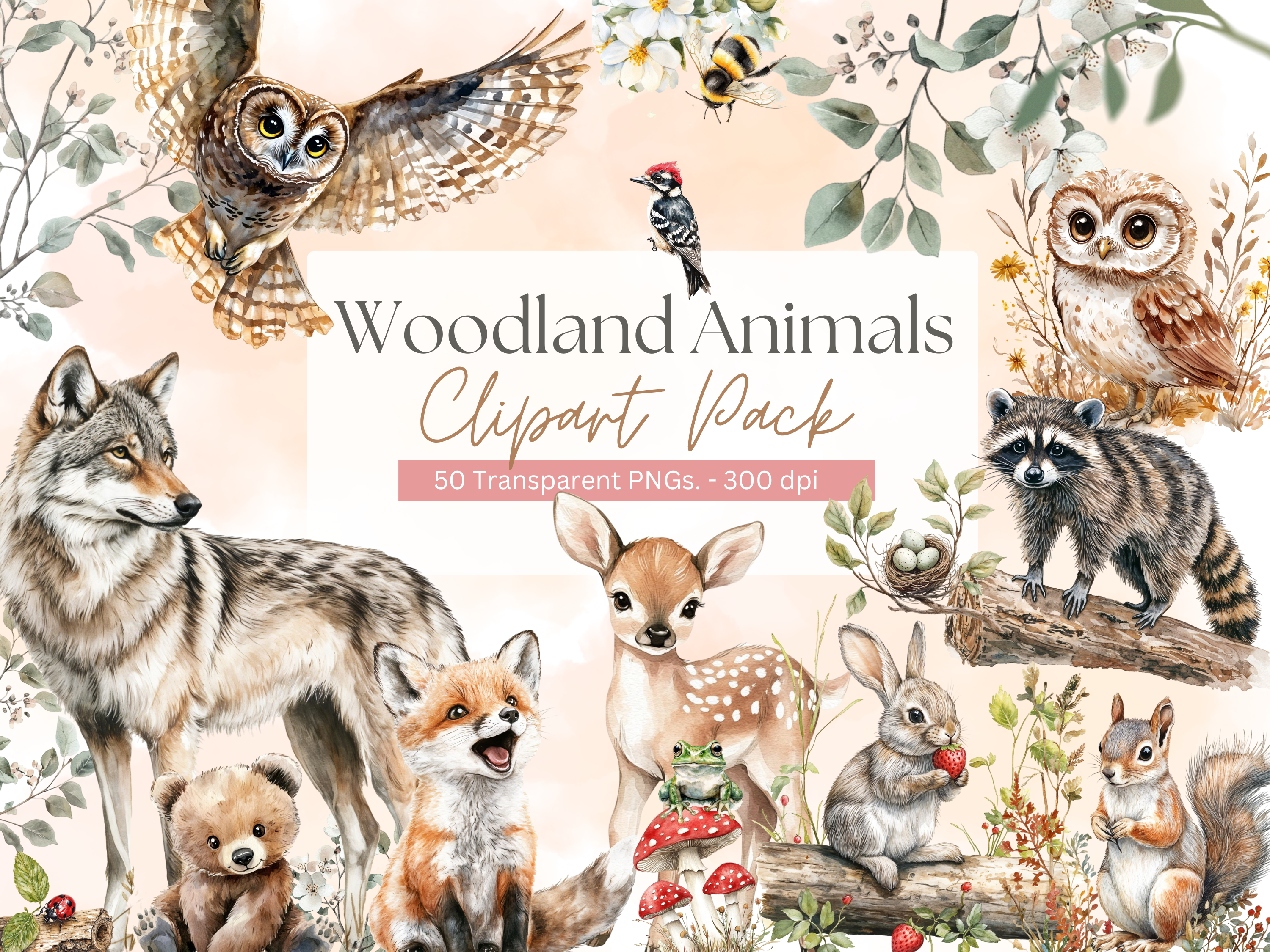 Watercolor Woodland Animals Clipart Pack
