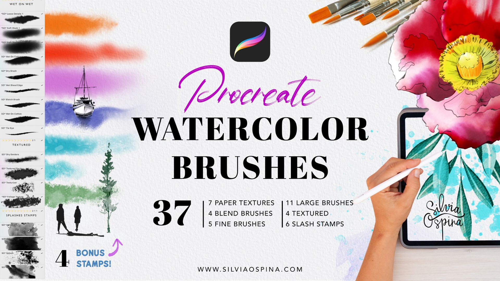 Procreate Watercolor Kit: Brushes, Paper Textures & Fun Stamps!