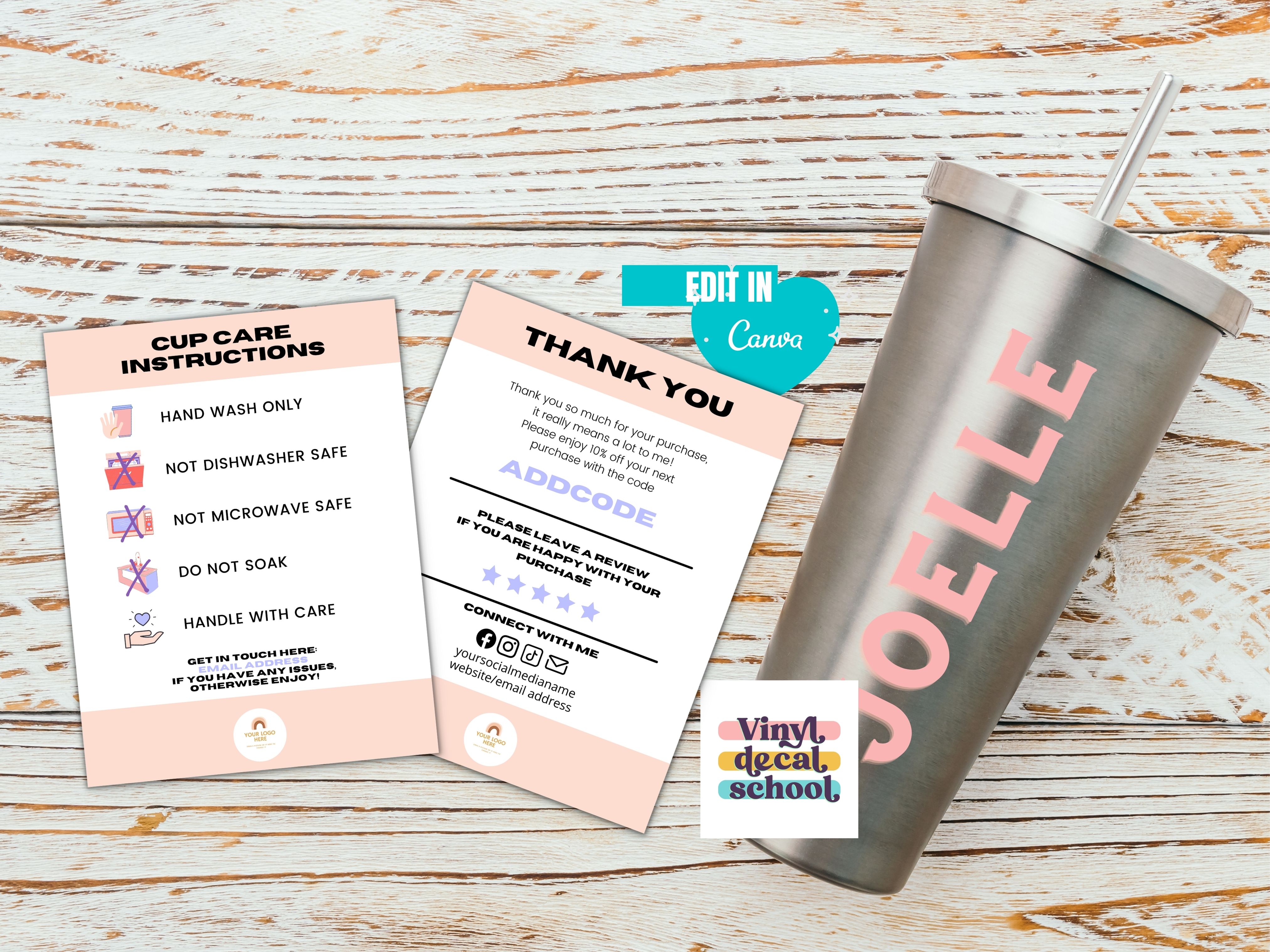 Printable & Editable Vinyl Cup Care Instructions + BONUS Sticker | Buy ...