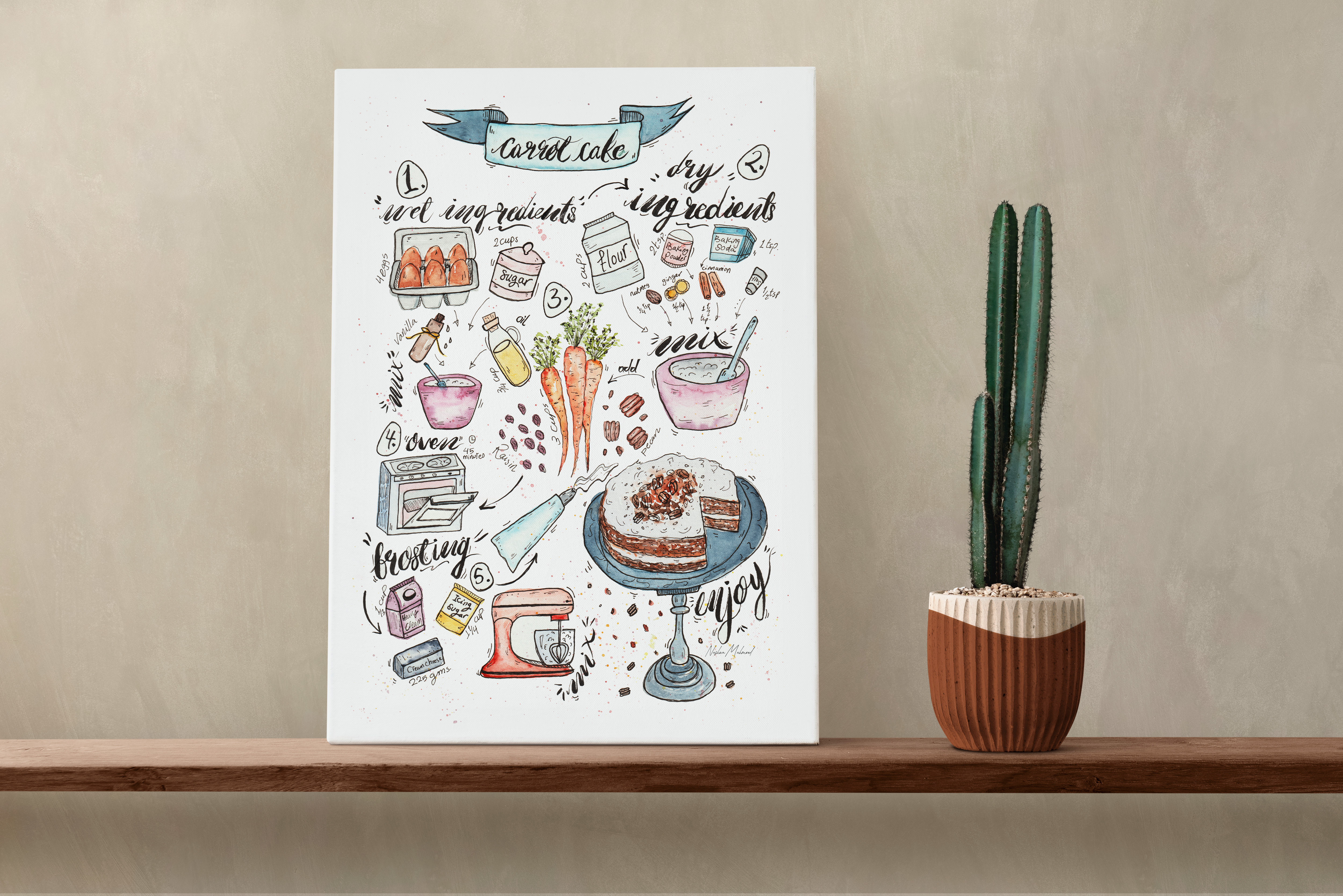 Carrot Cake Recipe Watercolor Illustration