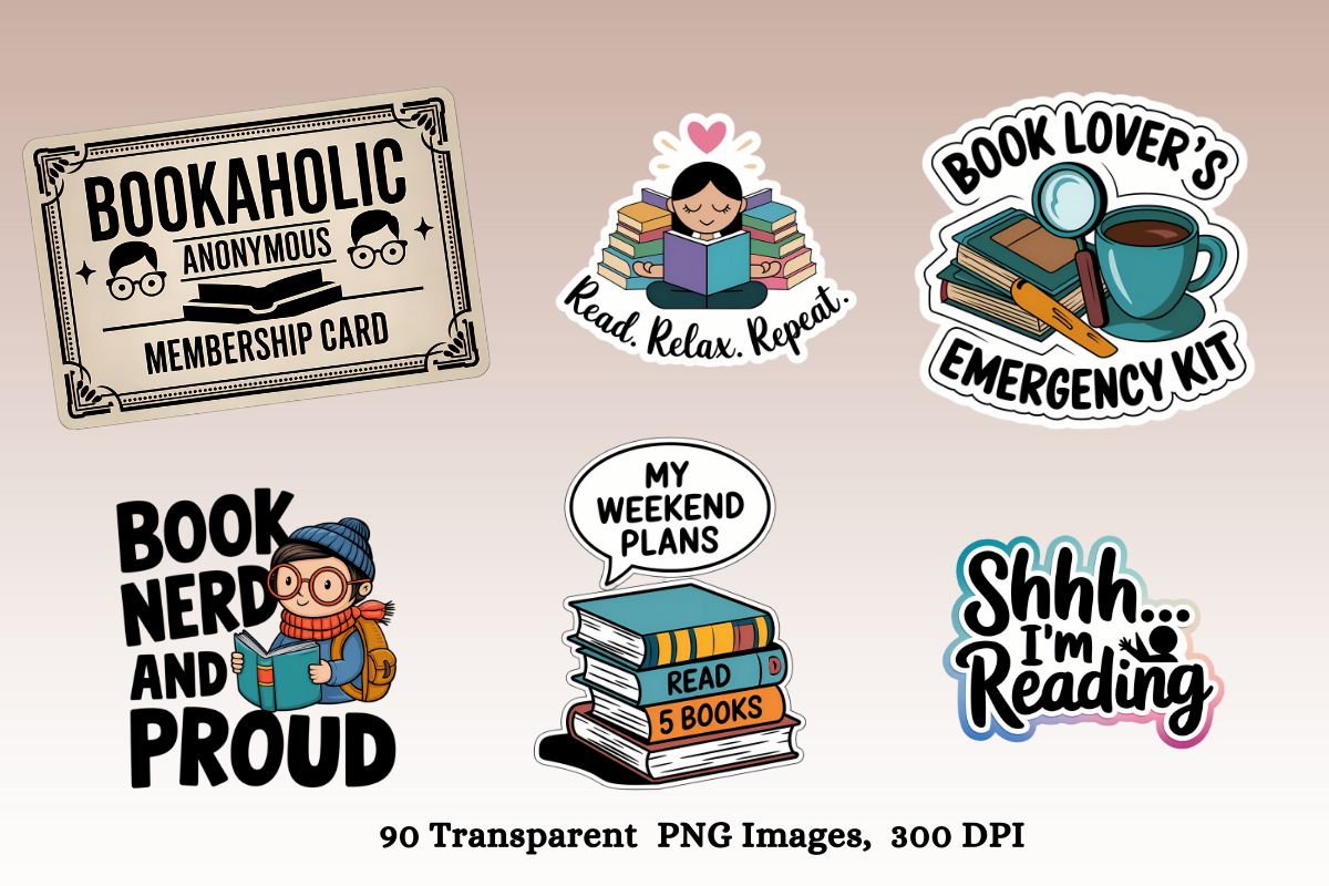 Book Lover Sticker Pack | 90 PNG Stickers | 3000 px, 300 DPI