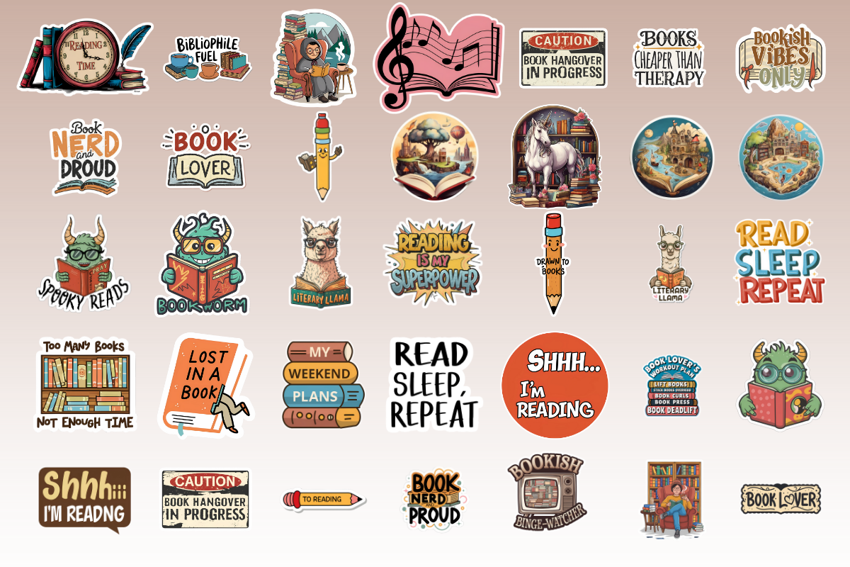 Book Lover Sticker Pack | 90 PNG Stickers | 3000 px, 300 DPI
